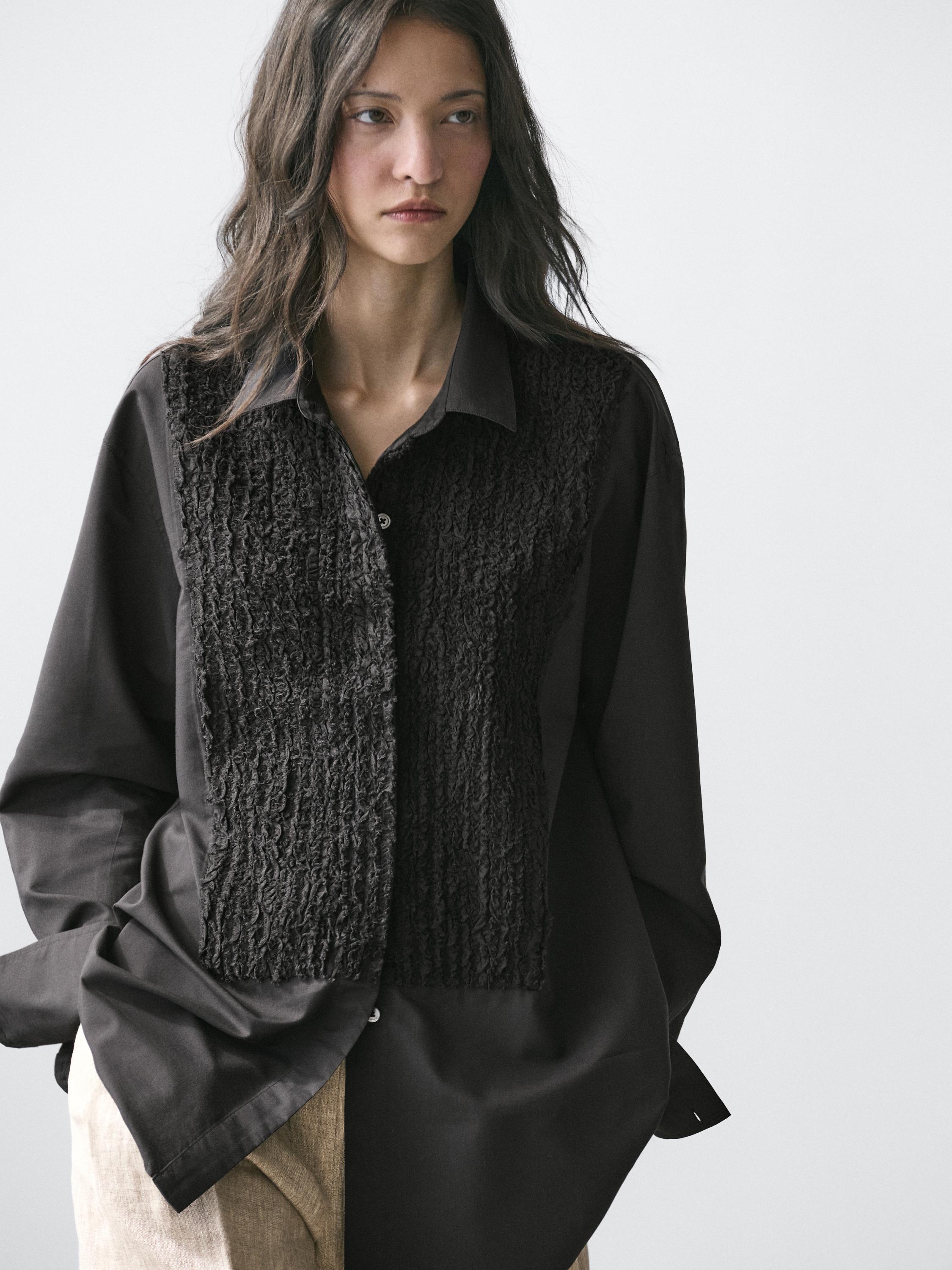 Bib front shirt with embroidered detail — BLACK