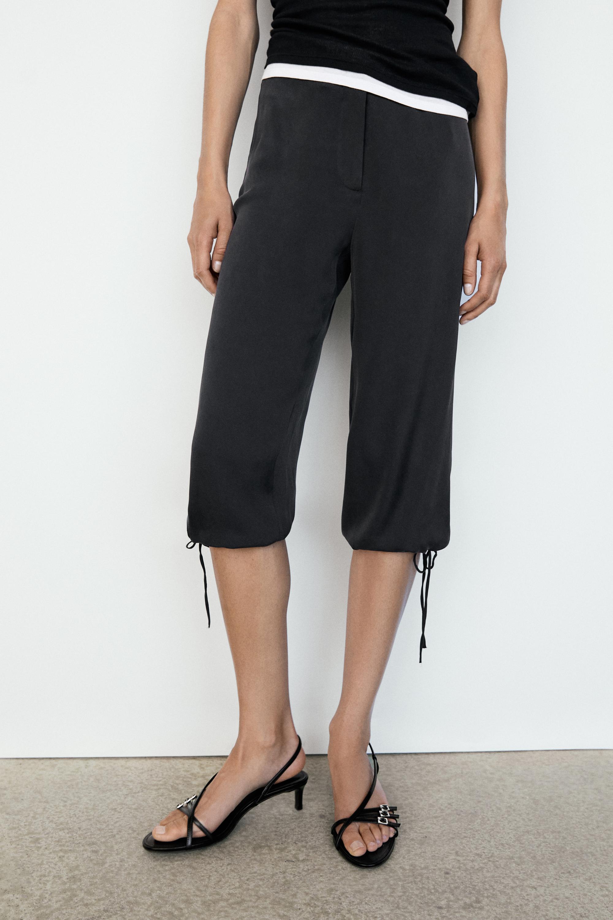 Silk blend tie-hem capri pants — BLACK