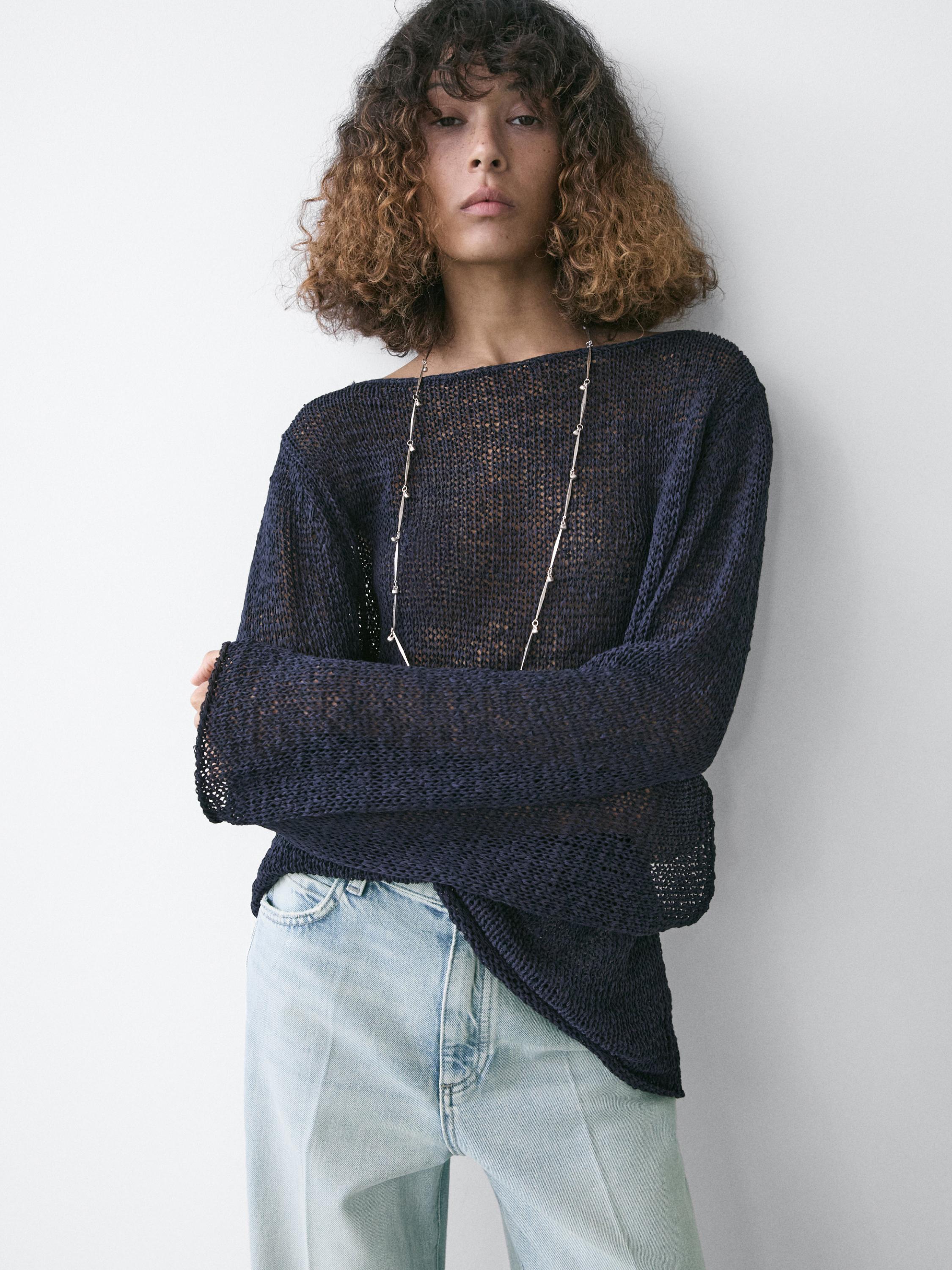 Cotton blend knit boat neck sweater — Dark Blue
