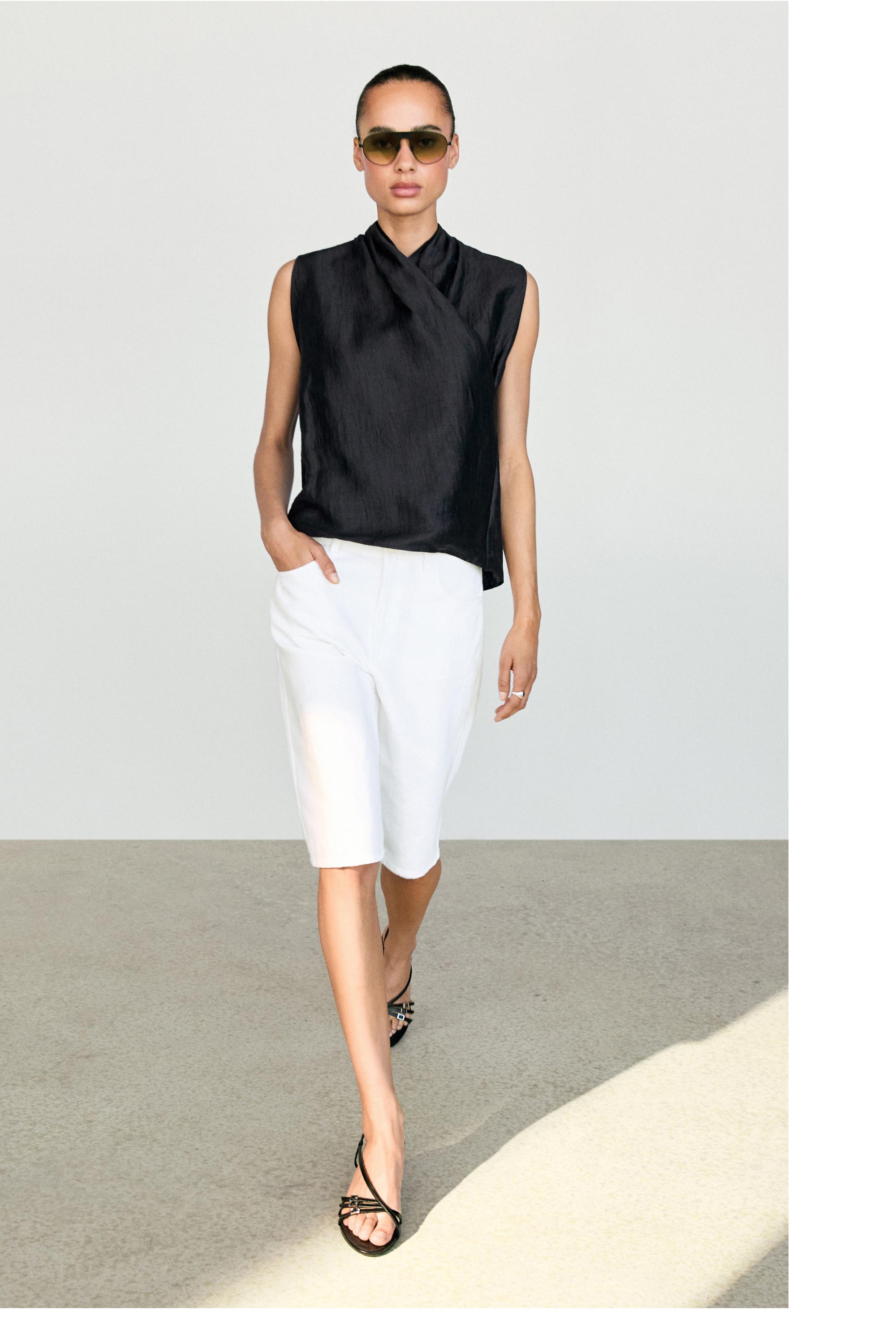 Linen blend sleeveless crossover top — NAVY BLUE