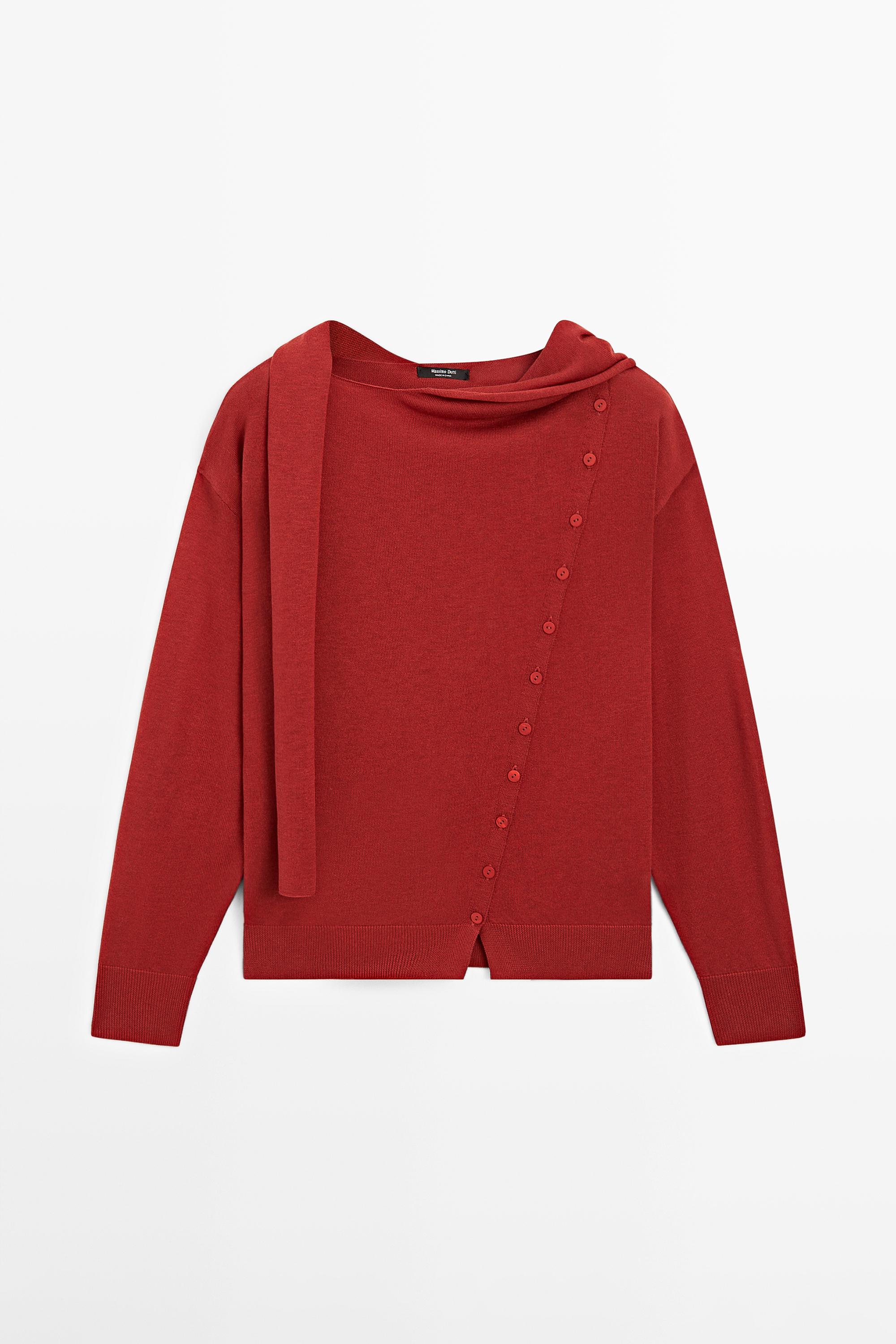 Cardigan with buttoned scarf detail — RED