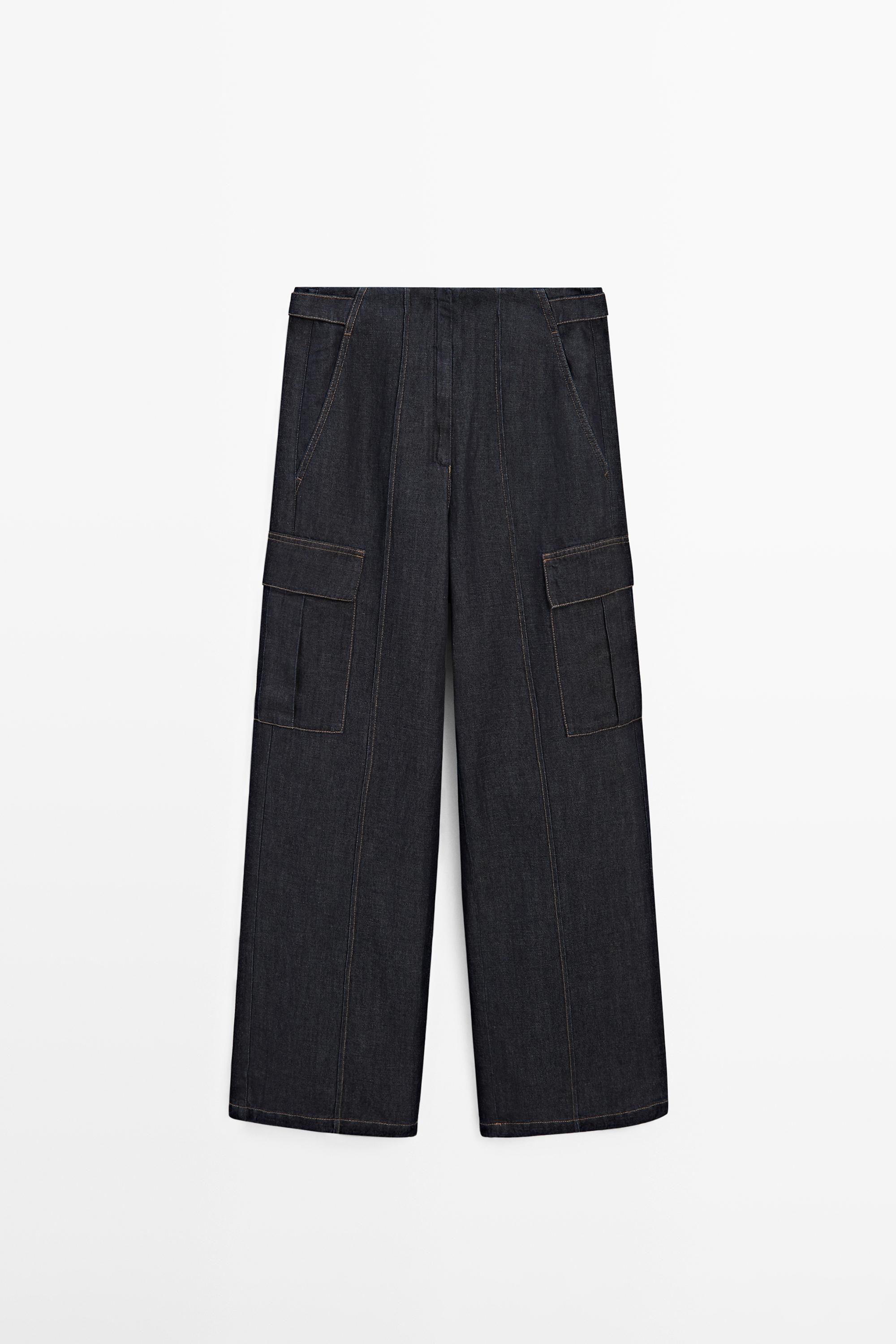 Linen blend cargo jeans — DARK BLUE