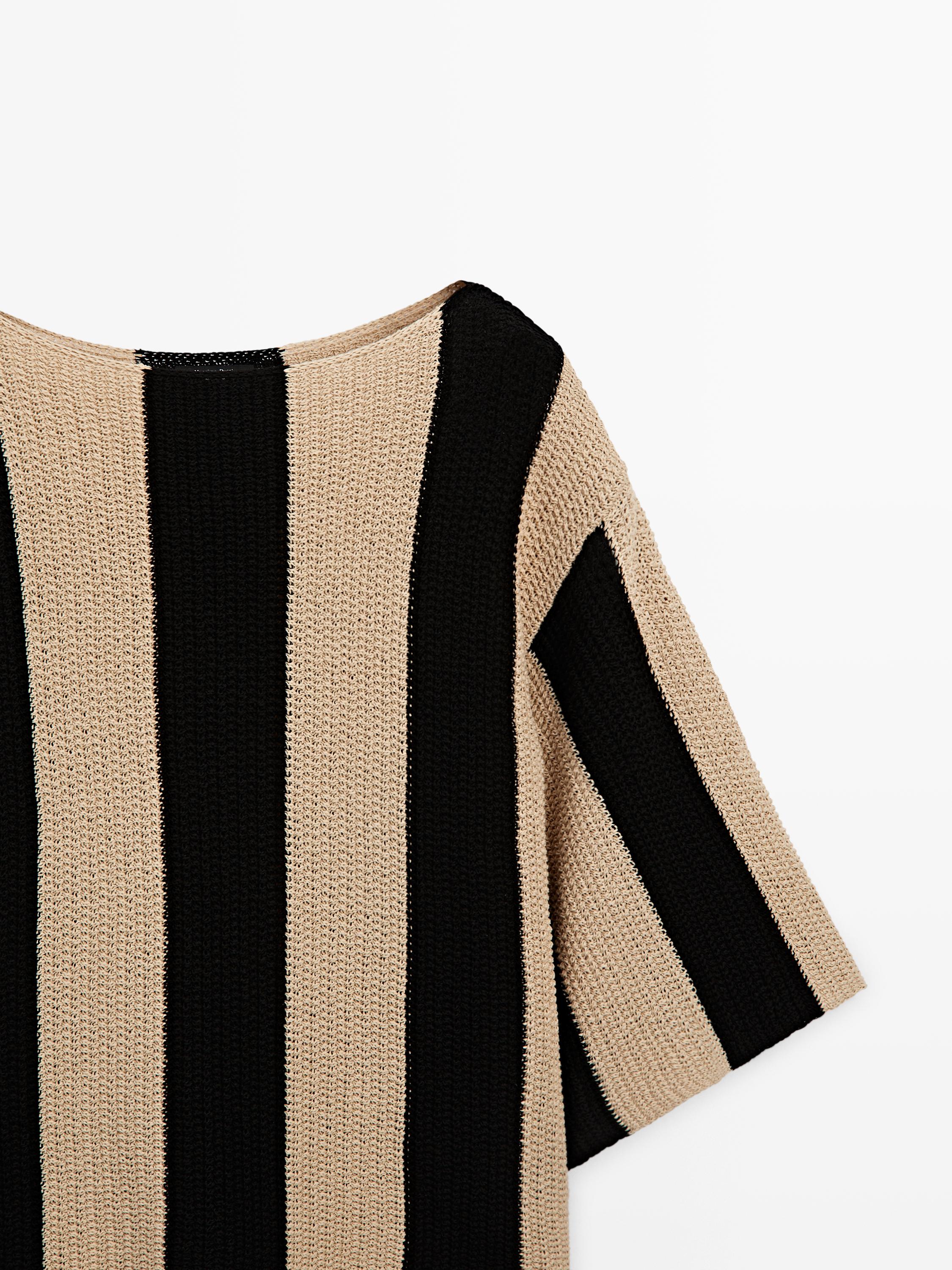 Striped cotton blend knit sweater — BLACK