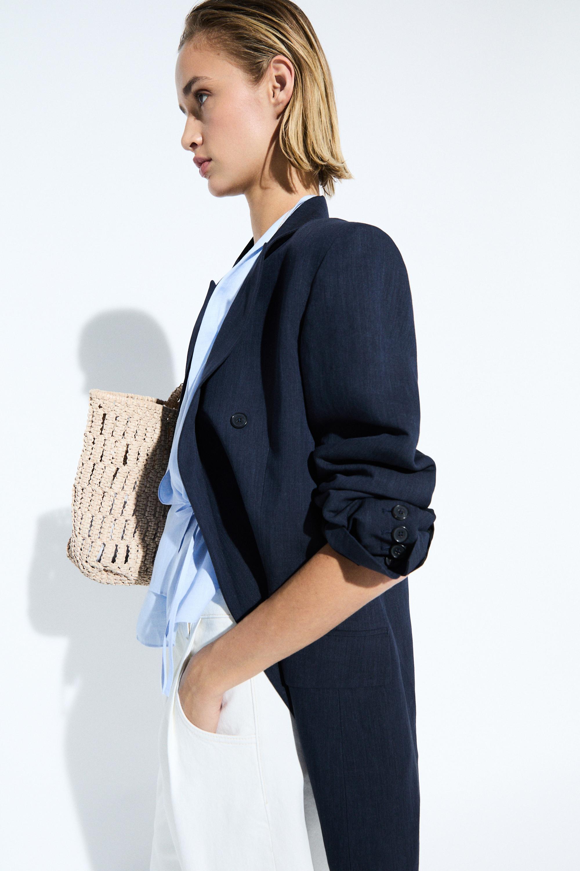 Melange linen blend double-breasted blazer — NAVY BLUE