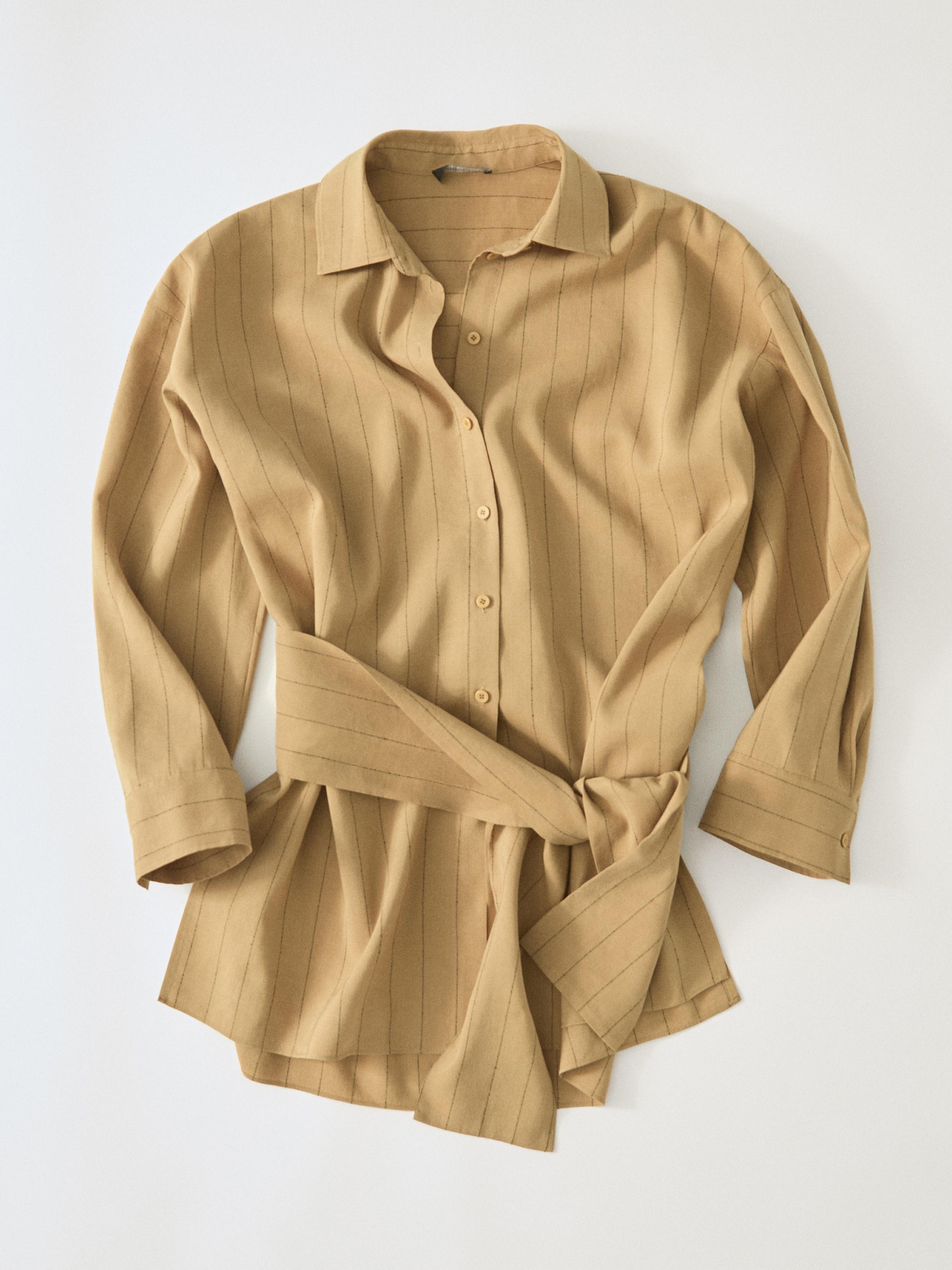 Striped flowing shirt with corset belt detail — MUSTARD YELLOW
