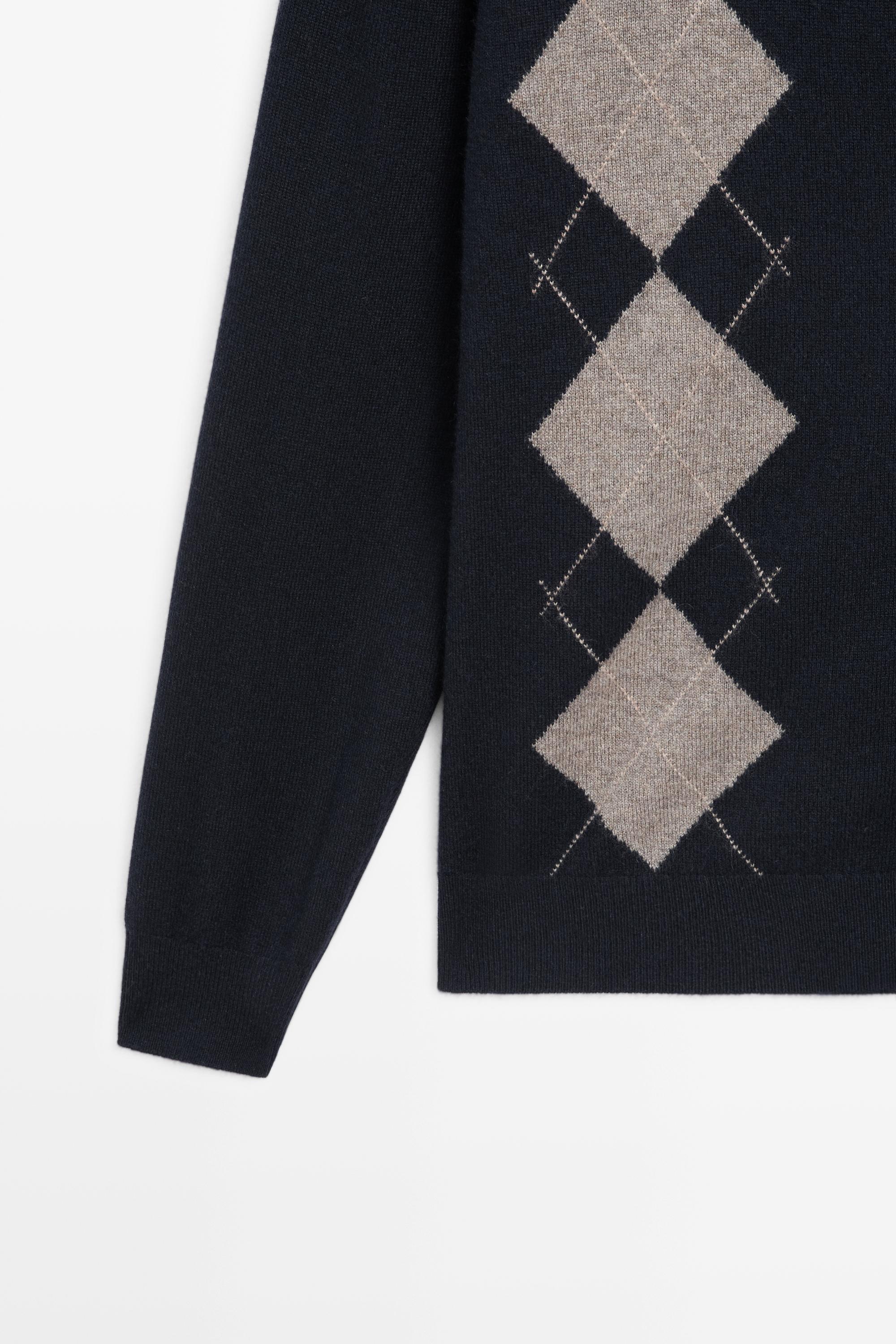 100% cashmere argyle knit cardigan — NAVY BLUE