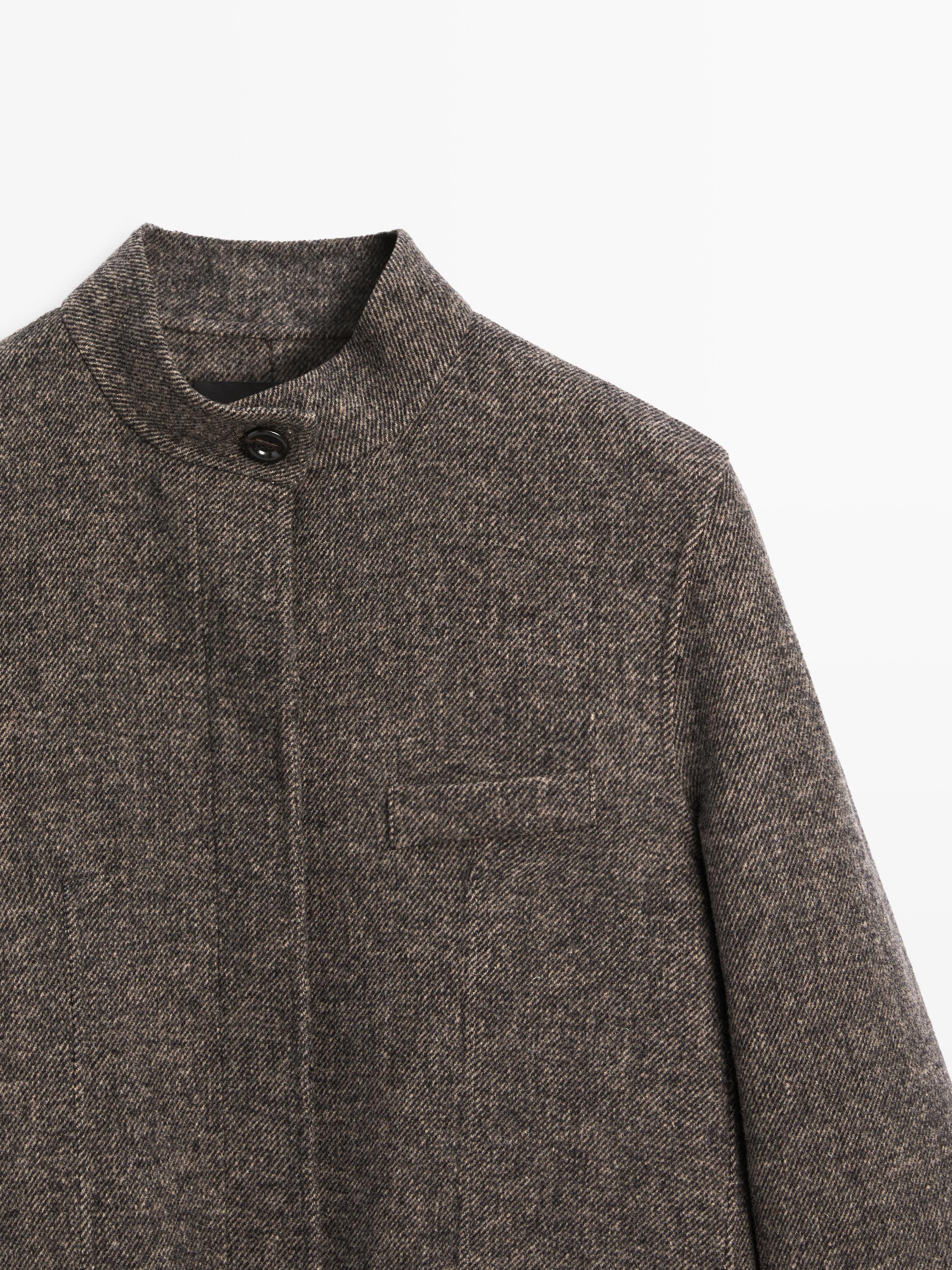 Dik yakalı yün karışımlı fitilli dokulu kaban