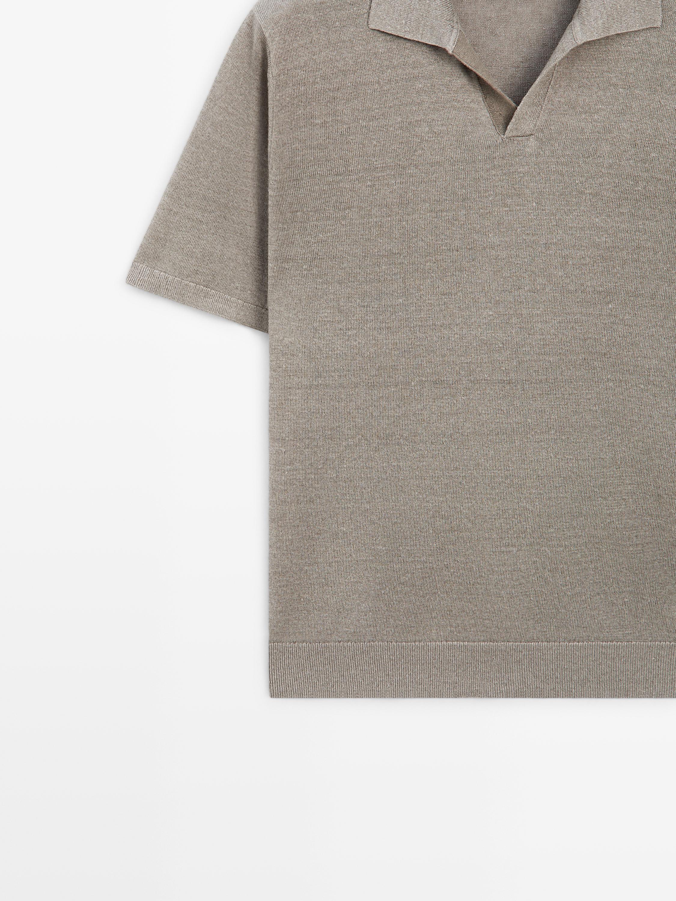 Linen V-neck polo sweater — NATURAL GREY