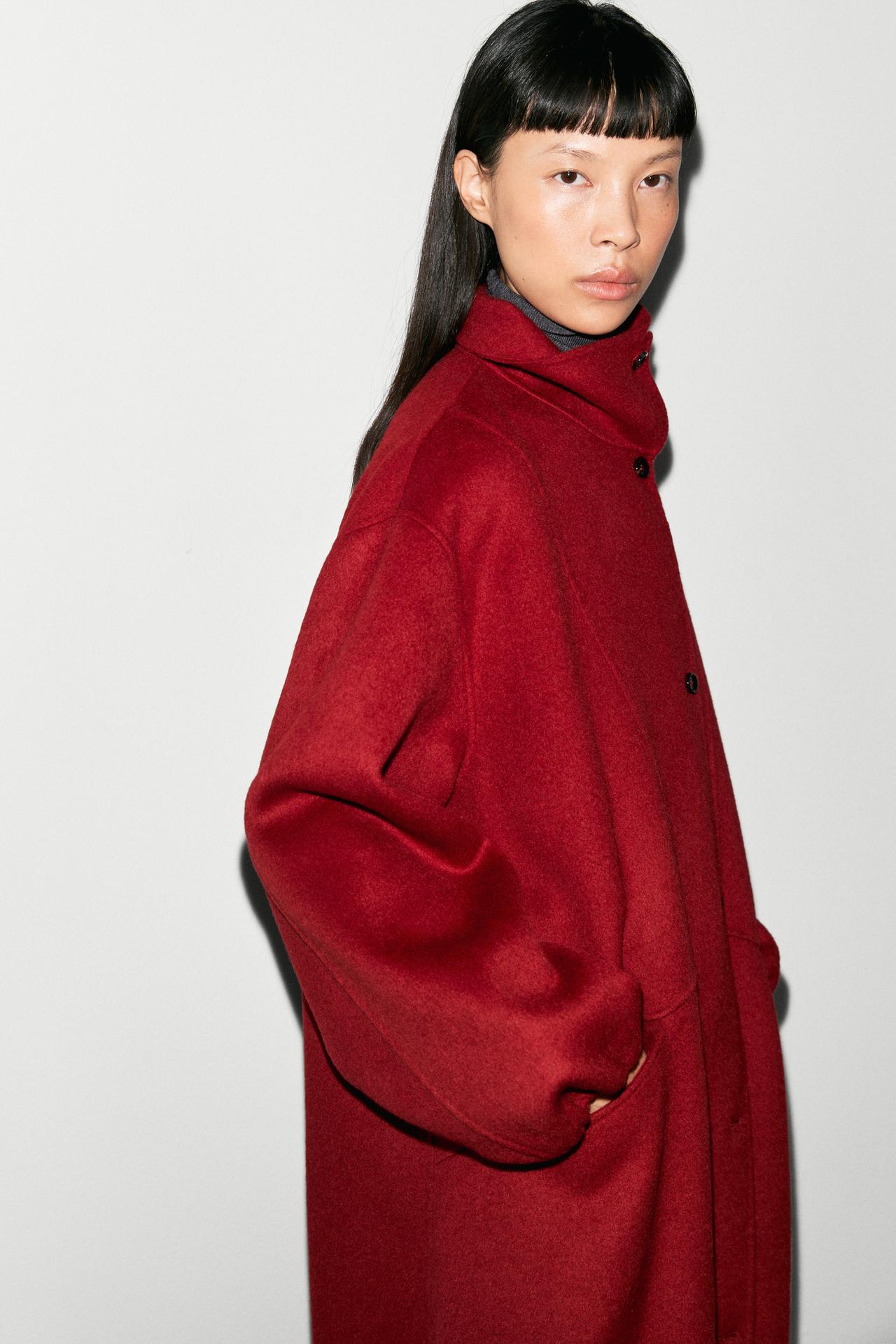 Long coat with asymmetrical collar detail — RED
