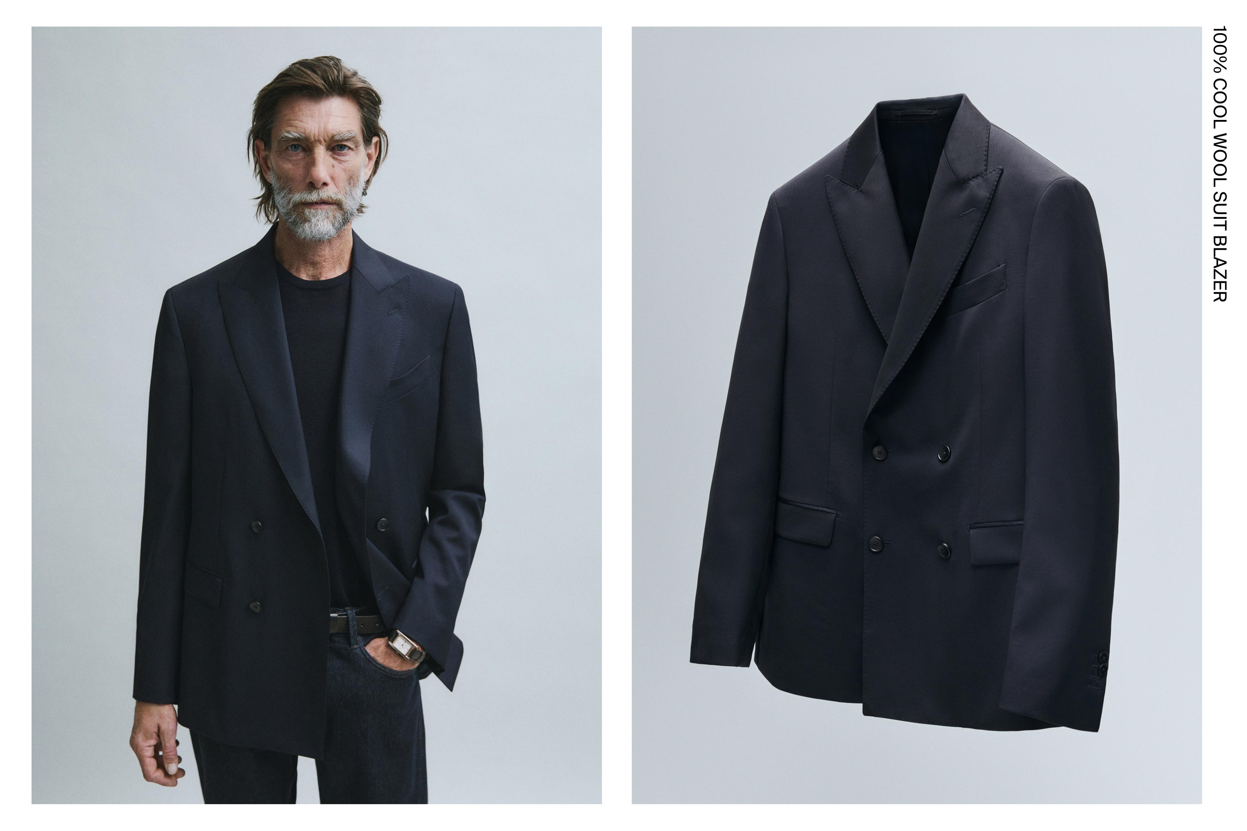 100% cool wool double-breasted suit blazer — NAVY BLUE