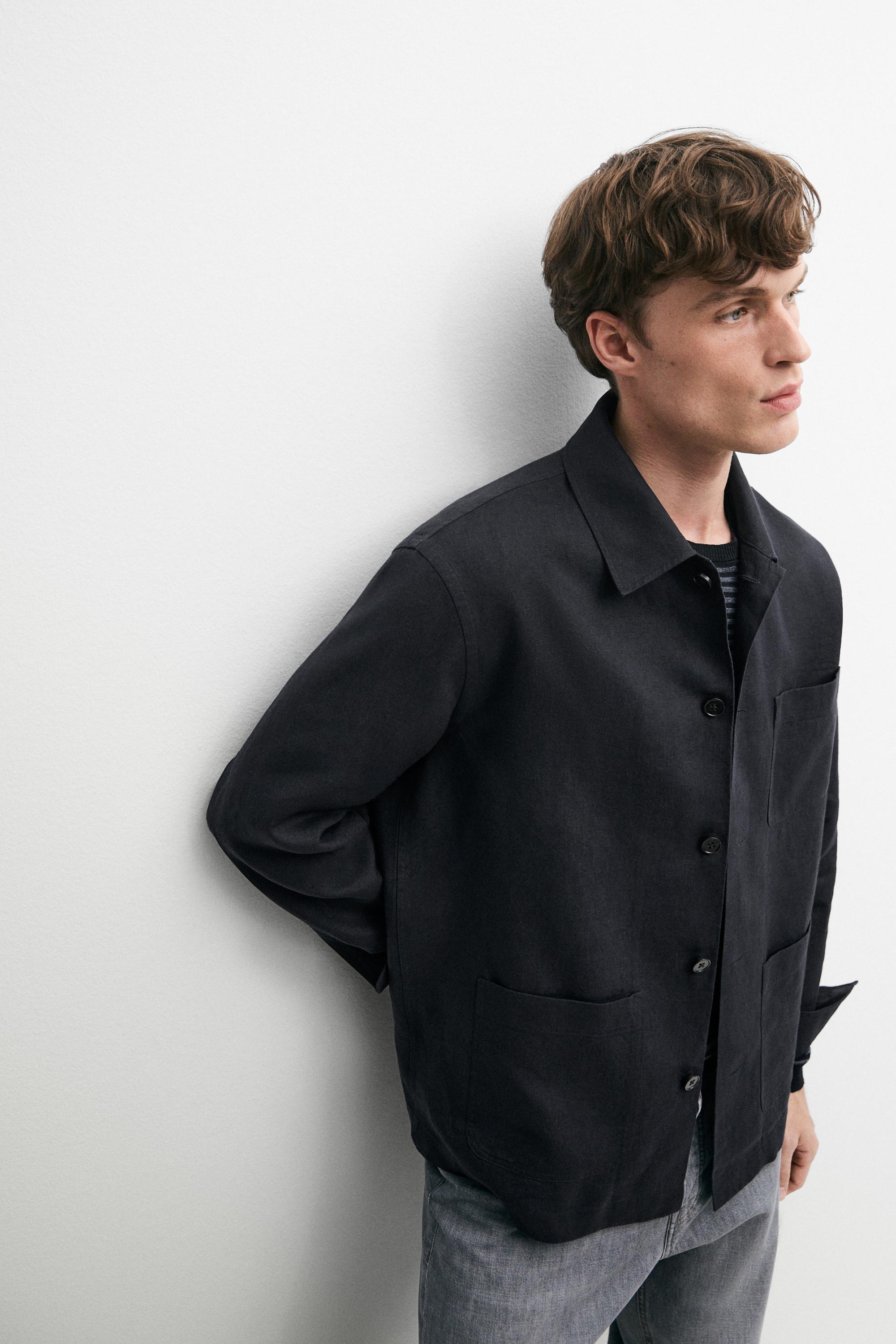 Linen total look overshirt with pocket details — NAVY BLUE