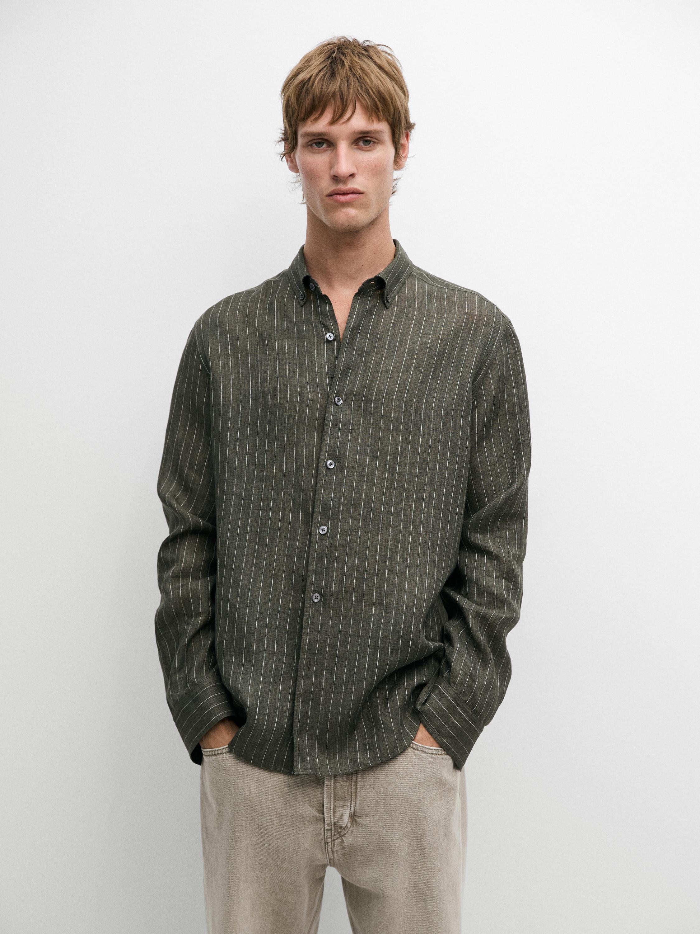 100% linen regular fit striped flowing shirt — GREEN MARL