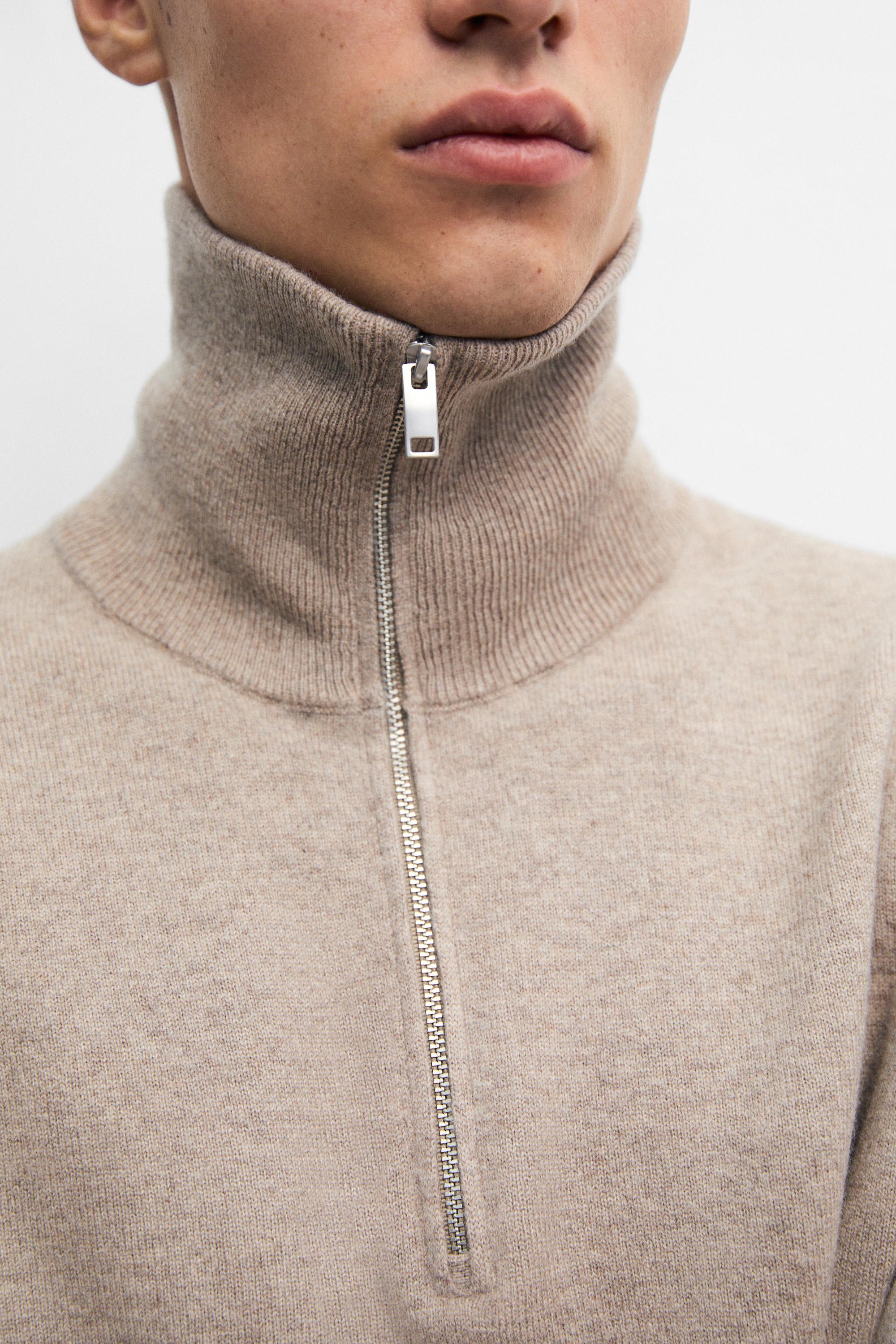 Mock neck zip-up knit sweater — Sand