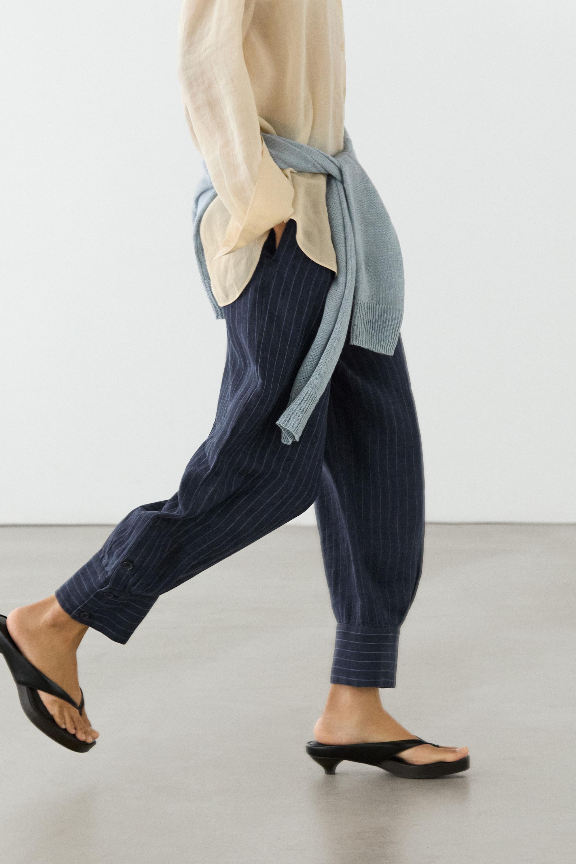 Striped linen sarouel trousers — DARK BLUE