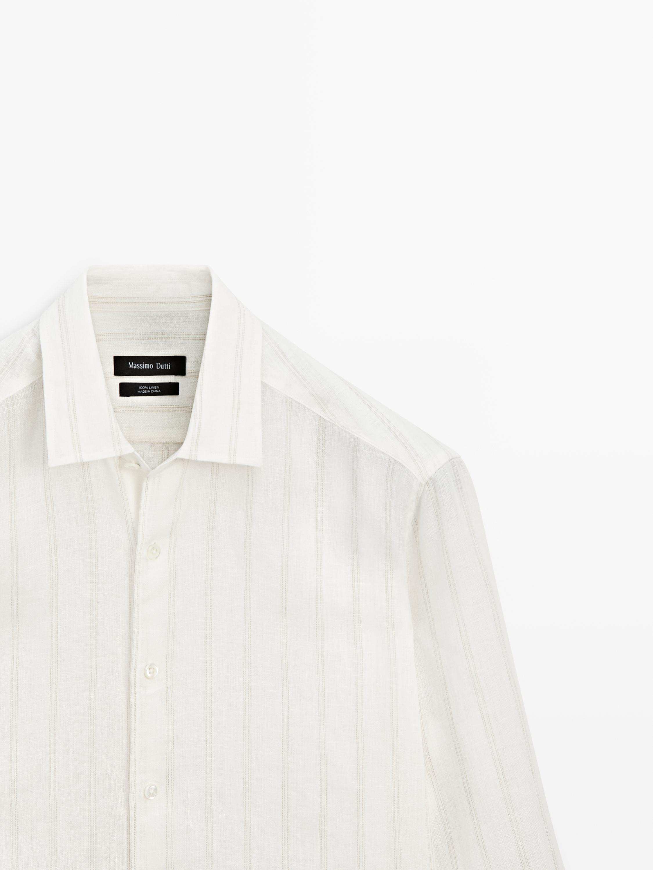 100% linen regular fit striped shirt — BEIGE