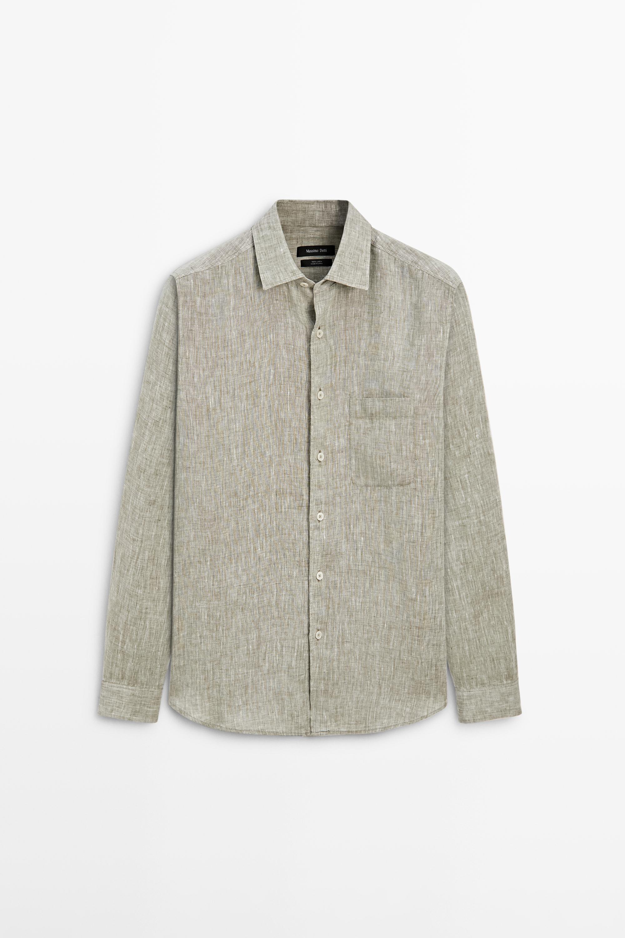 Regular fit linen shirt with pocket — Green billiard