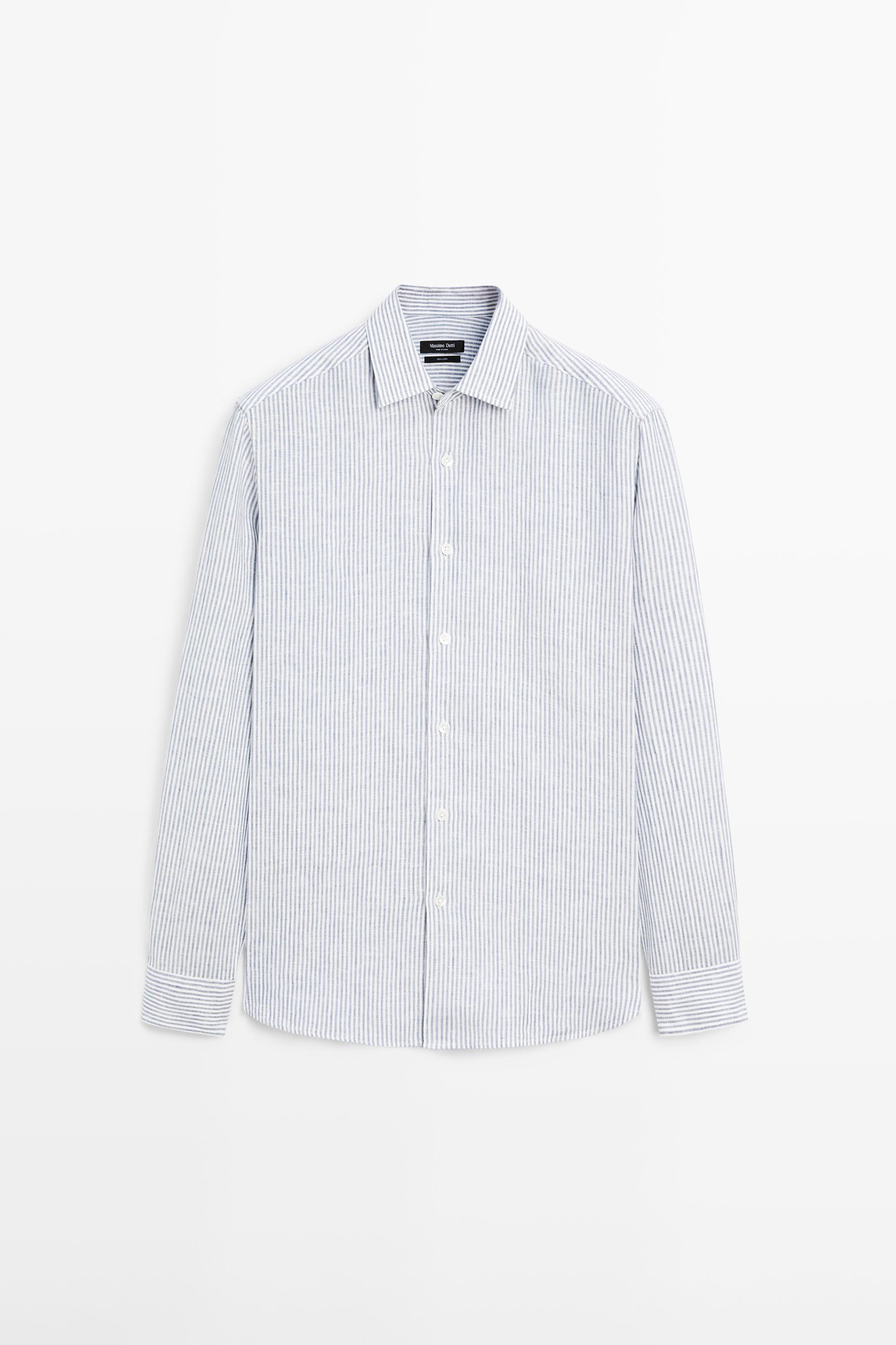 Striped slim fit linen shirt — BLUE