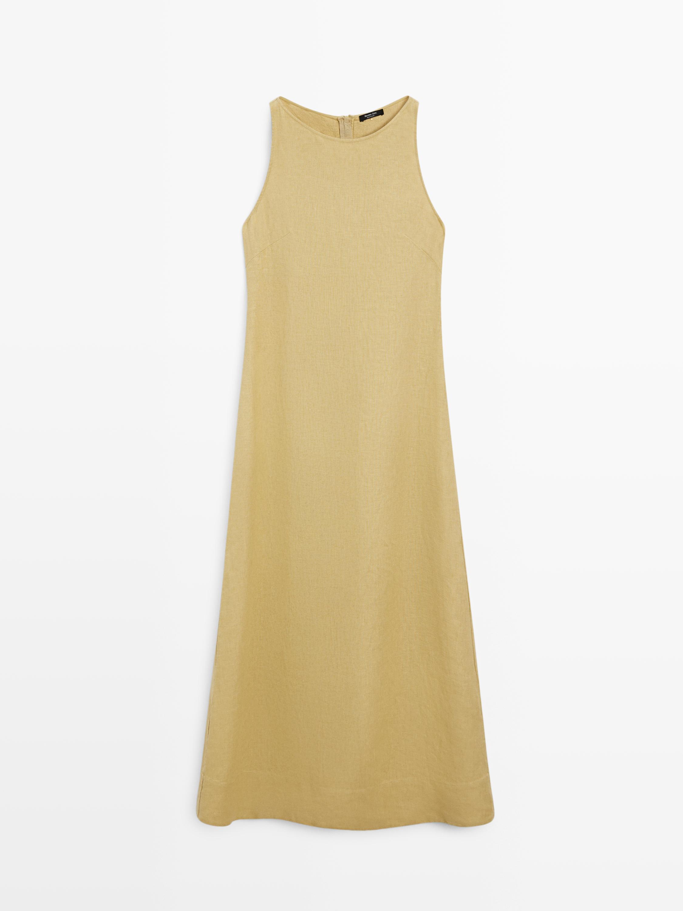 Eestvaade laimirohelisest halter-midi-kleidist, taga kinnis.