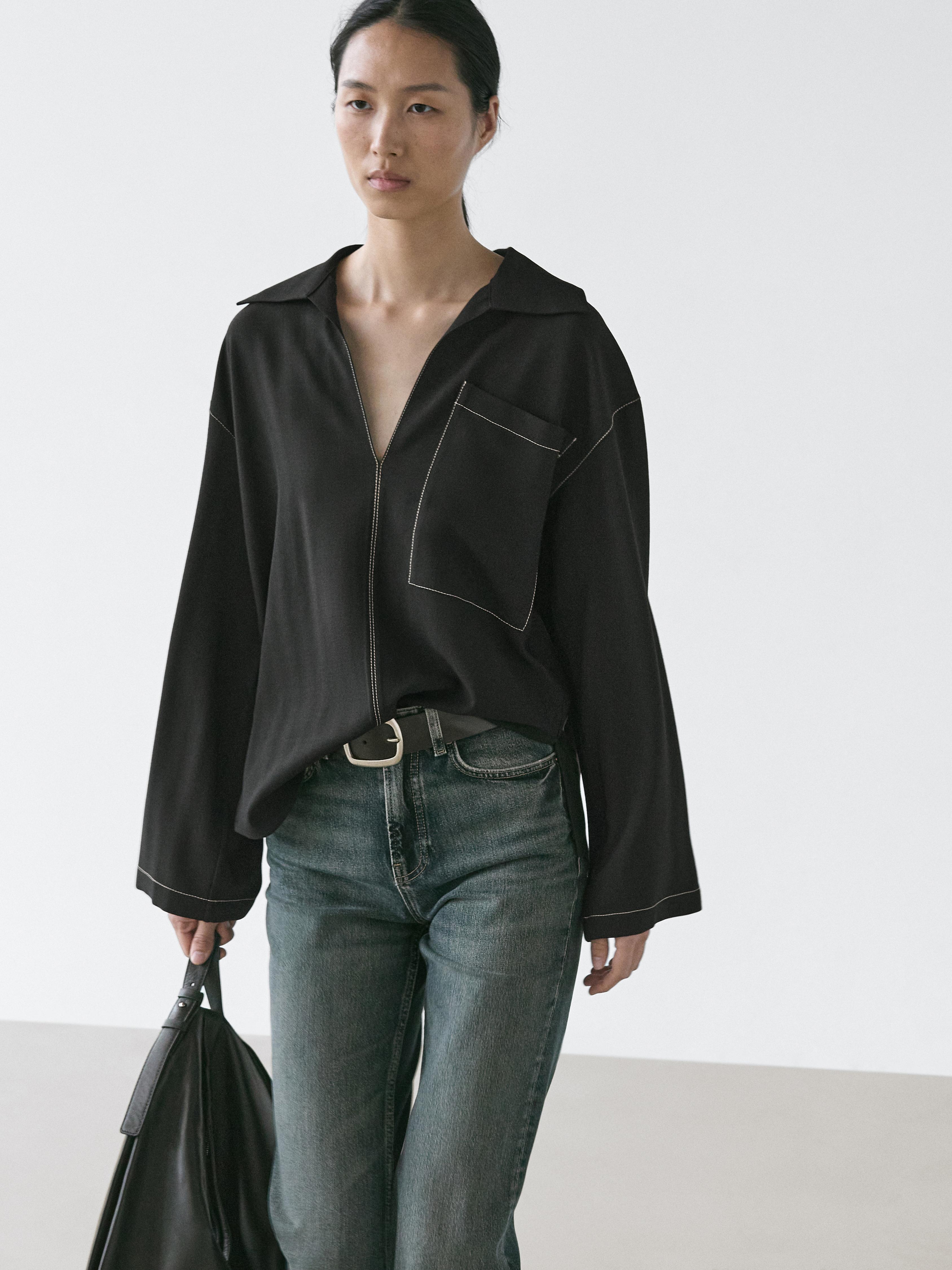 Flowing wool blend overshirt with pocket detail — BLACK