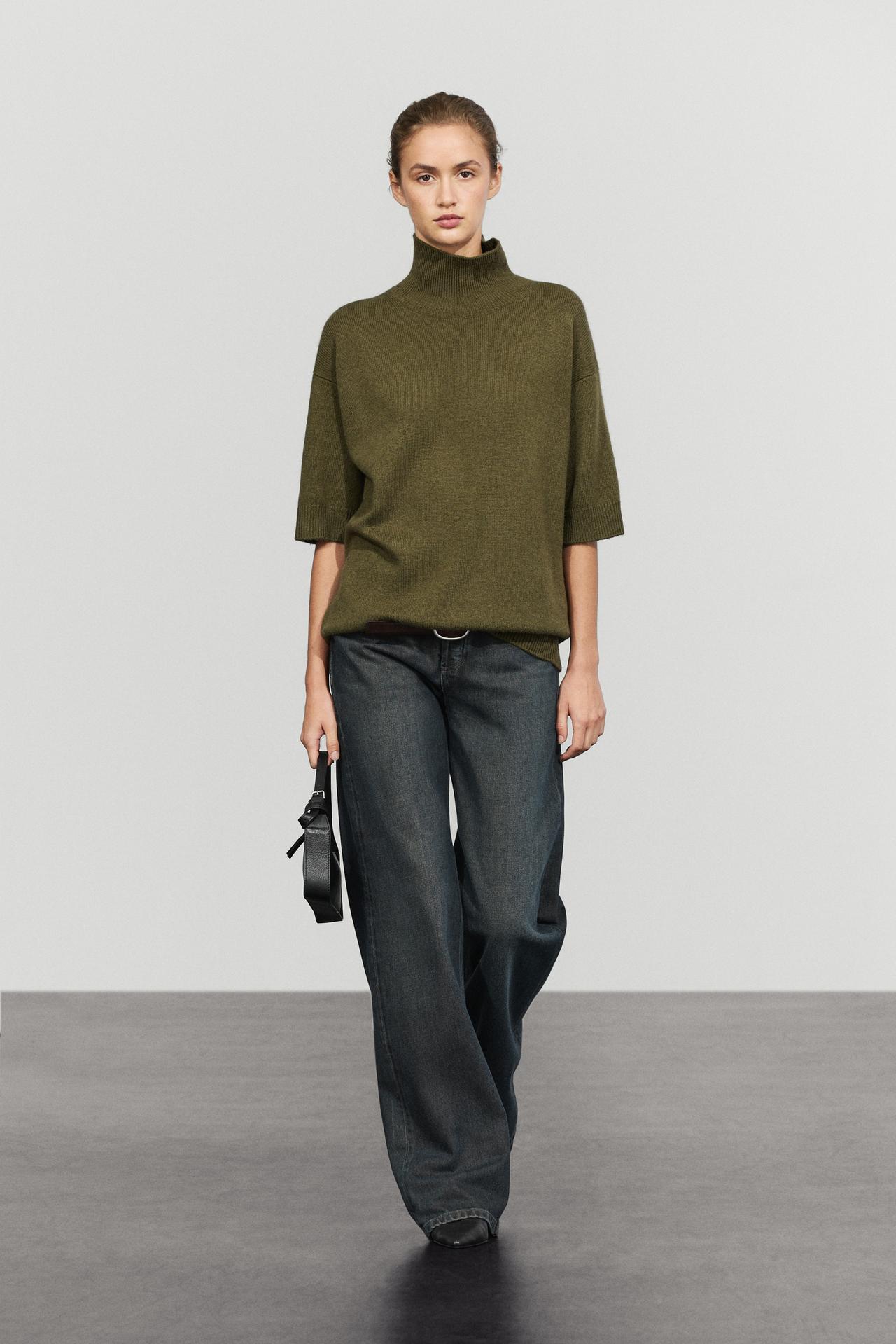 Wool knit sweater with mock turtleneck — OLIVE