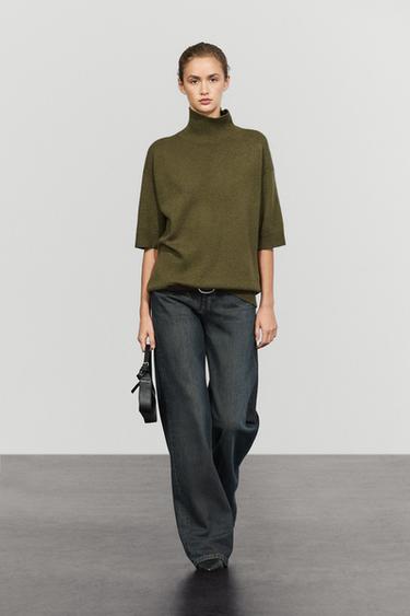 Wool knit sweater with mock turtleneck — OLIVE 1