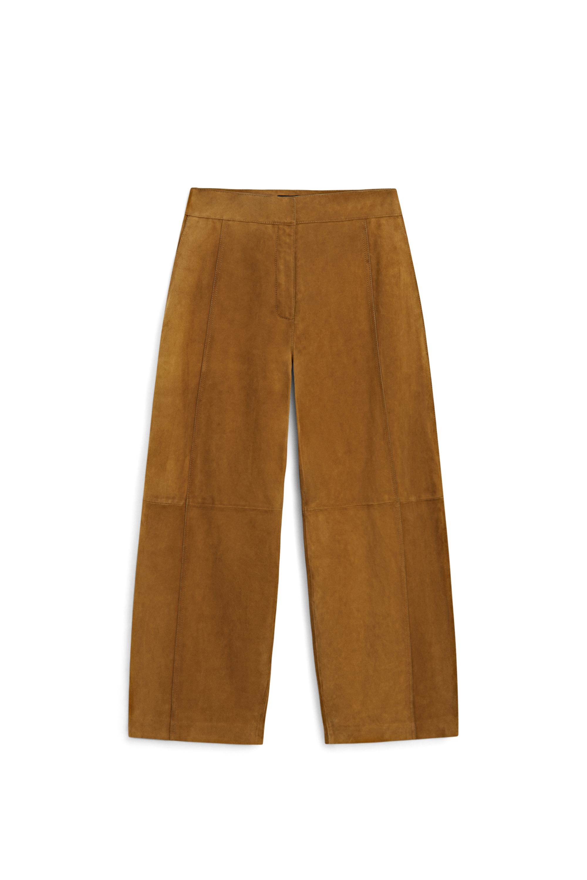 Suede goatskin barrel fit pants — DARK CAMEL
