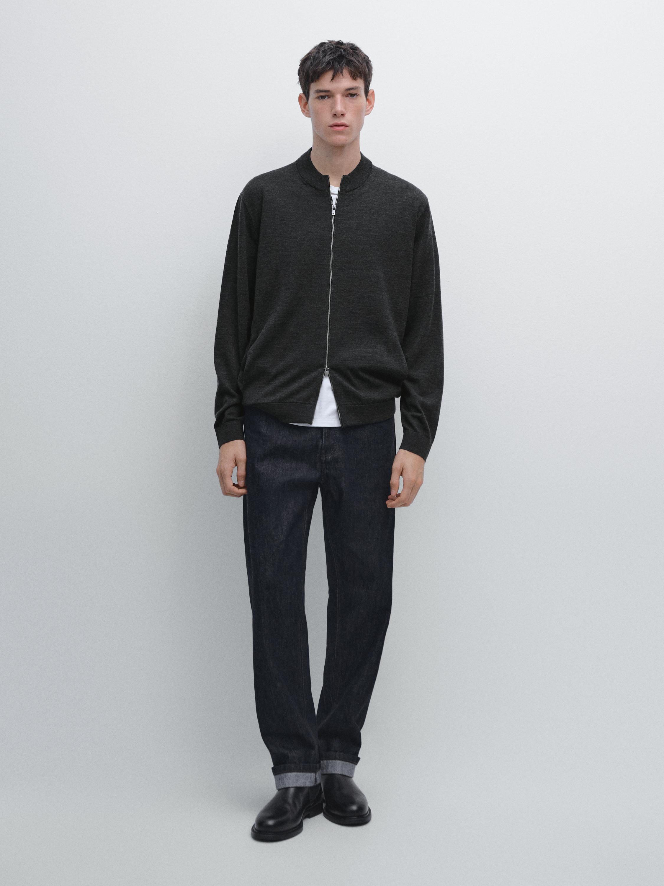 100% merino wool zip-up knit cardigan