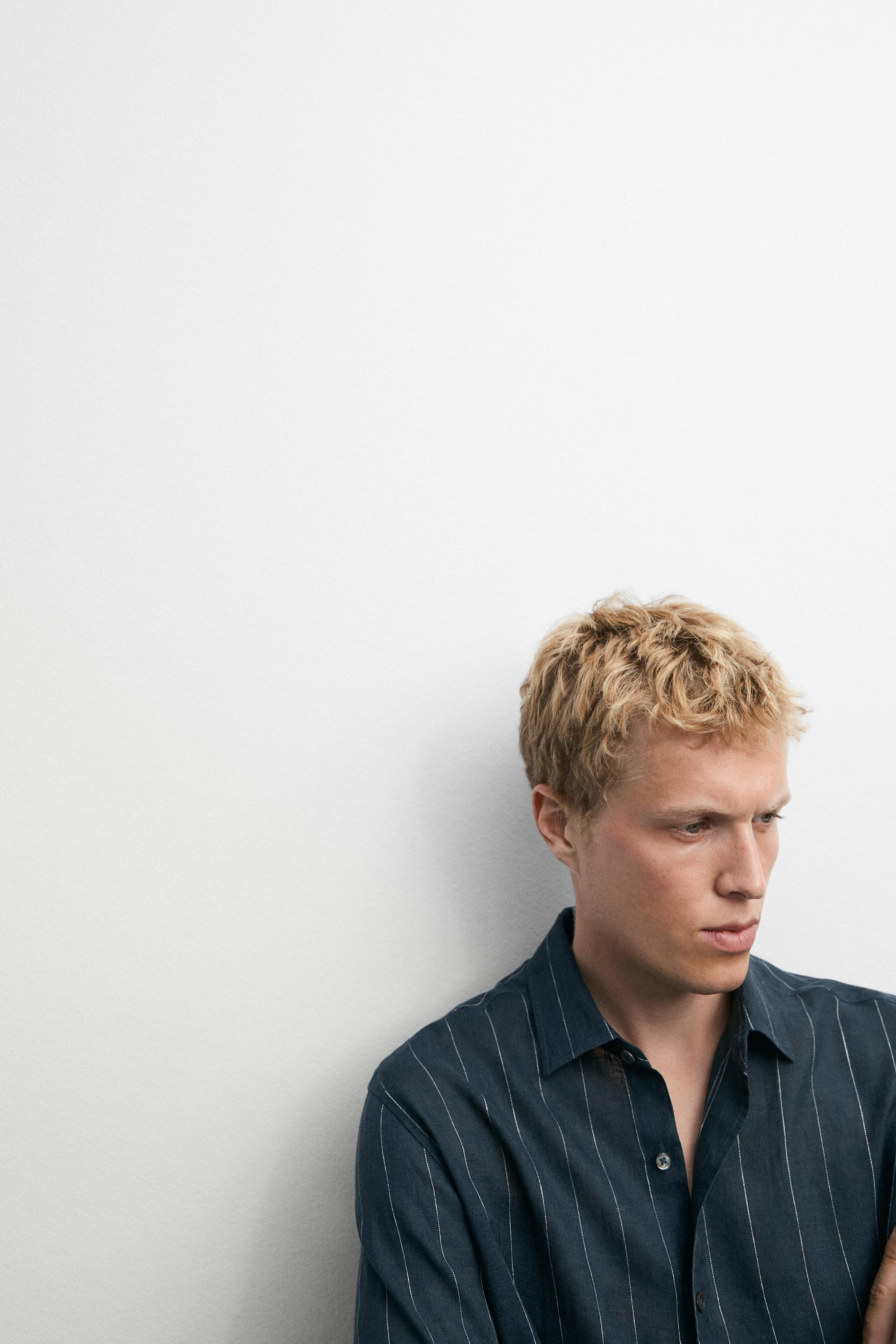 Regular fit striped 100% linen shirt — PETROL BLUE
