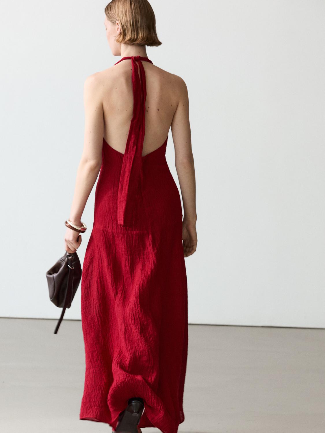 Long 100% linen dress with neckline detail — RED