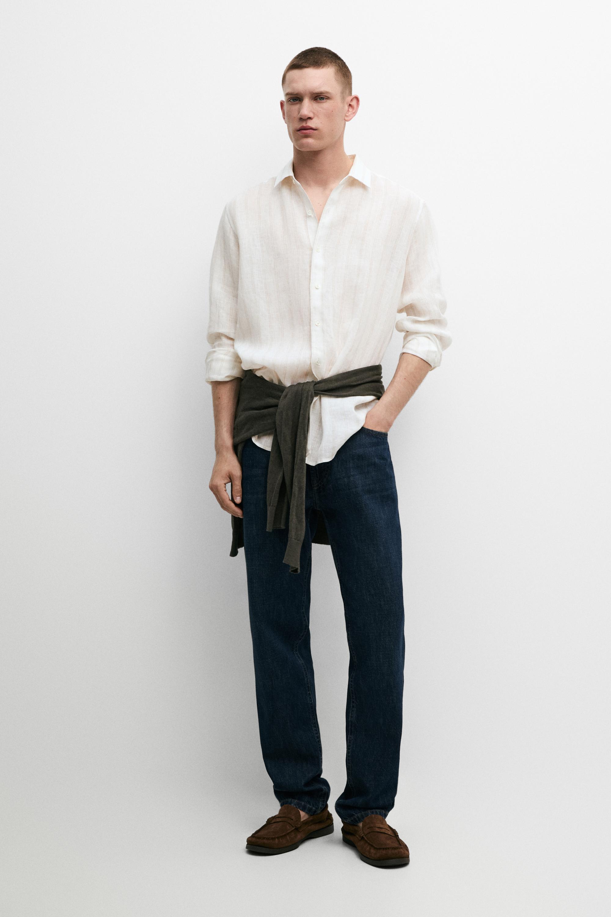 100% linen regular fit striped shirt — BEIGE