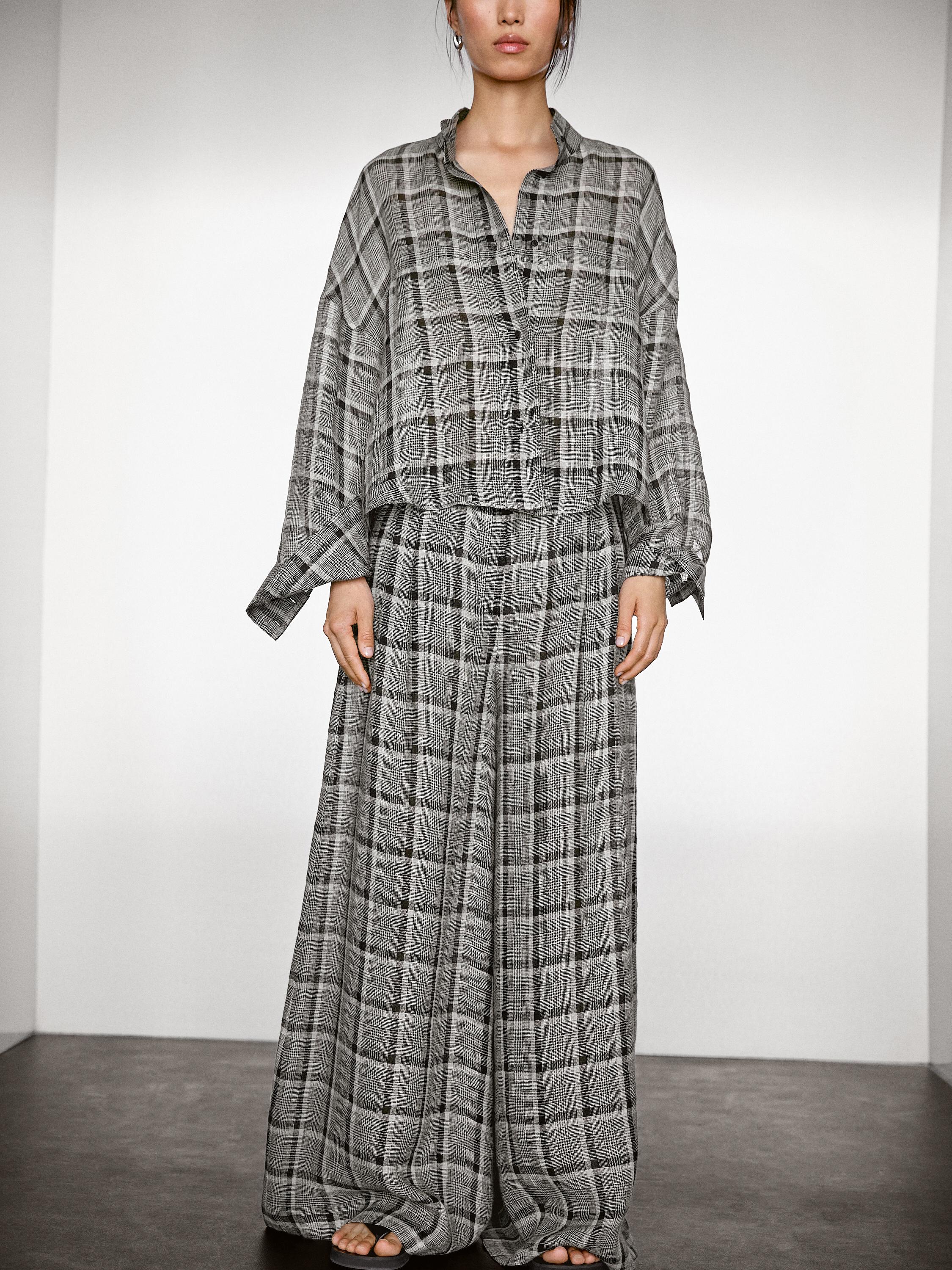 Rūtainas 100% lina palazzo stila bikses