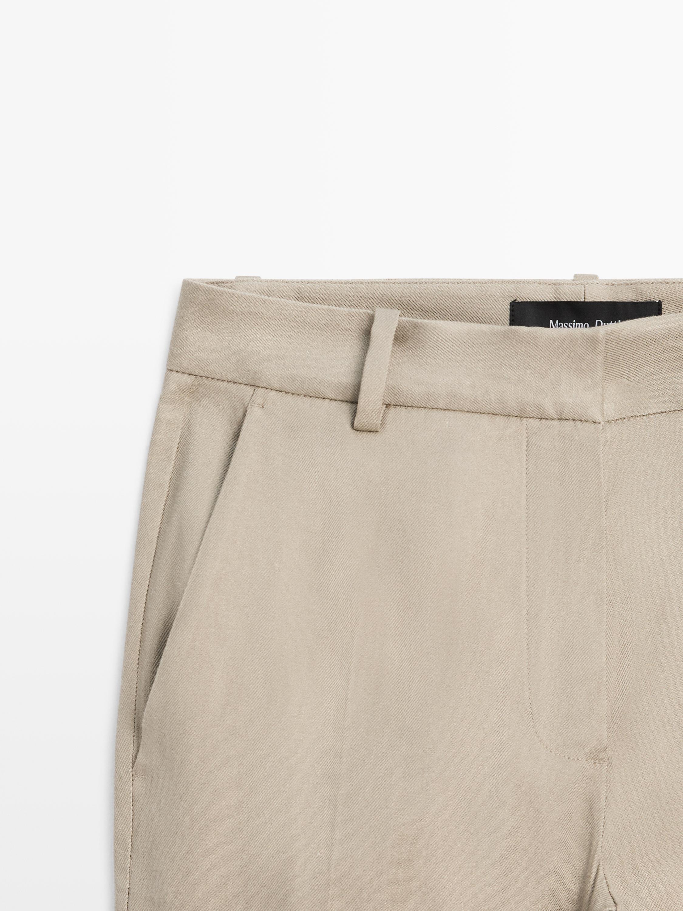 Straight-leg linen blend trousers — BEIGE
