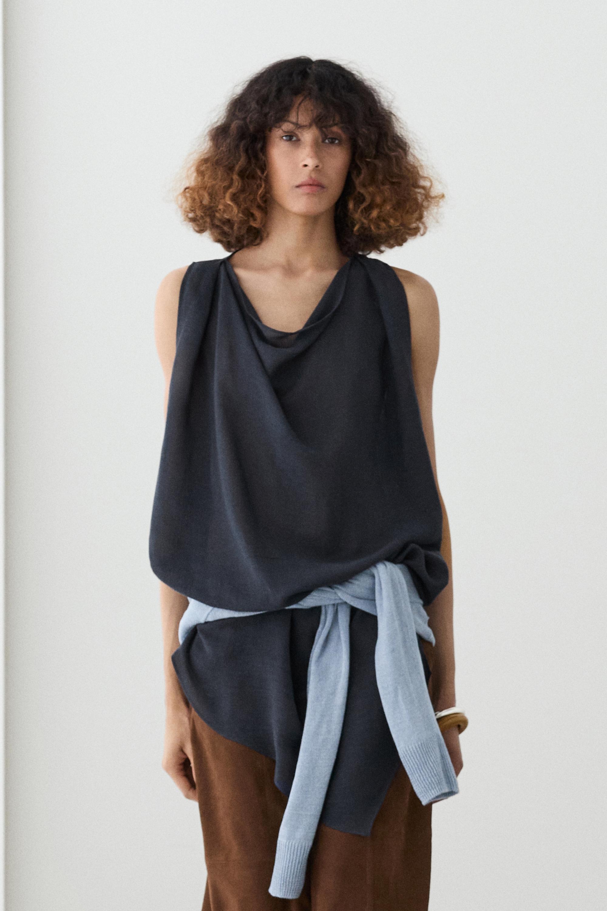 Asymmetric linen blend top — DARK BLUE