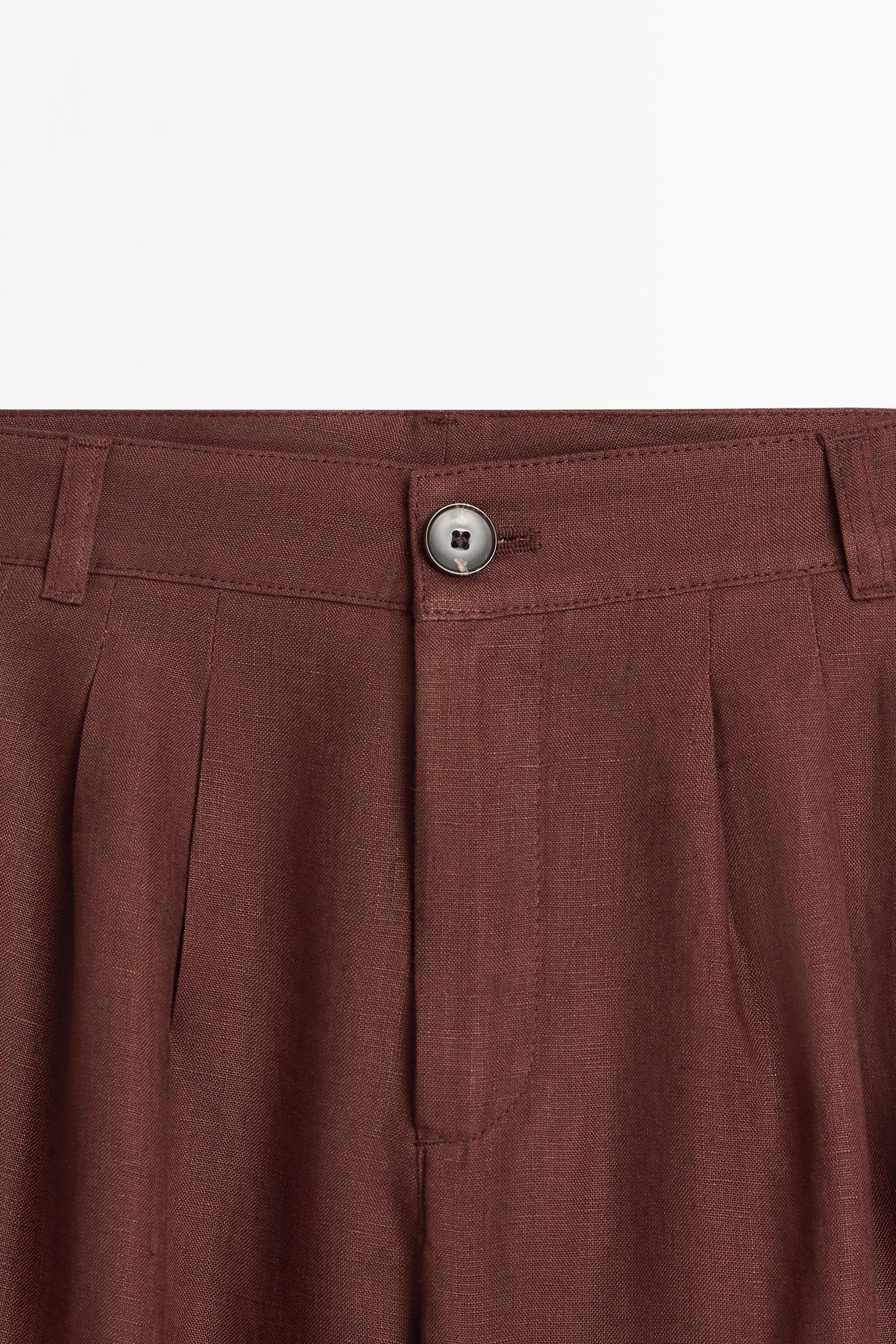 Wide-leg pleated linen trousers — TERRA COTA