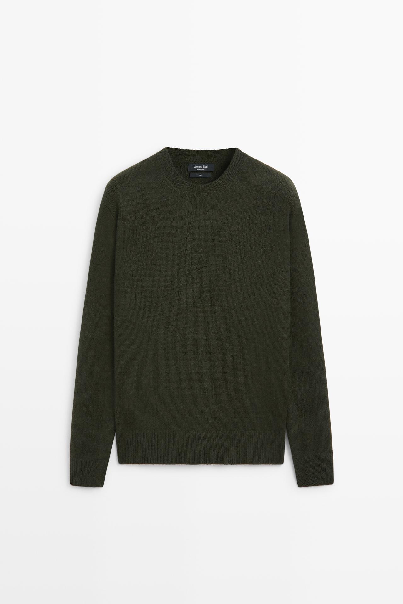 100% wool knit sweater with round neck — KHAKI GREEN