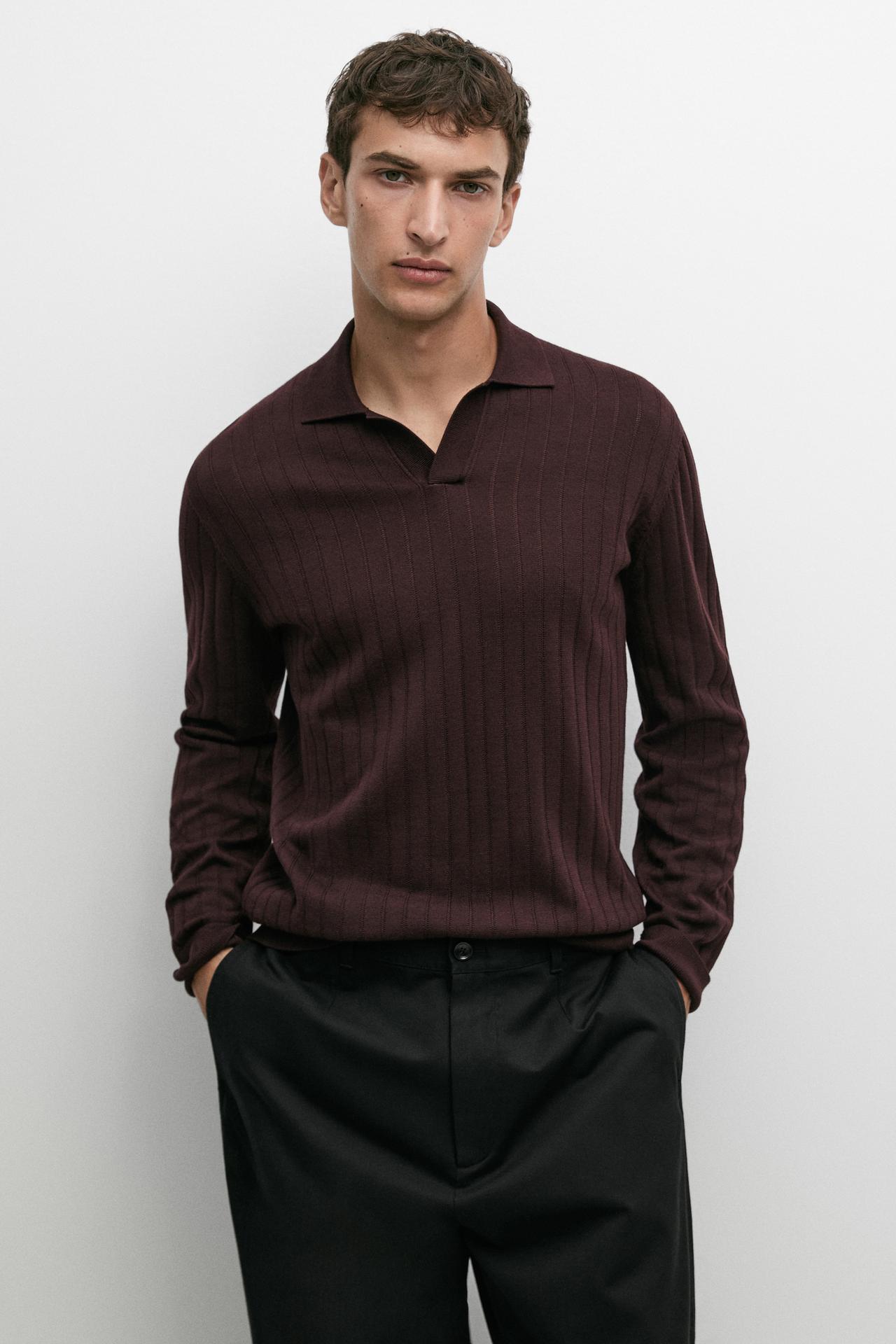 100% Cotton Knit Polo Sweater — BURGUNDY
