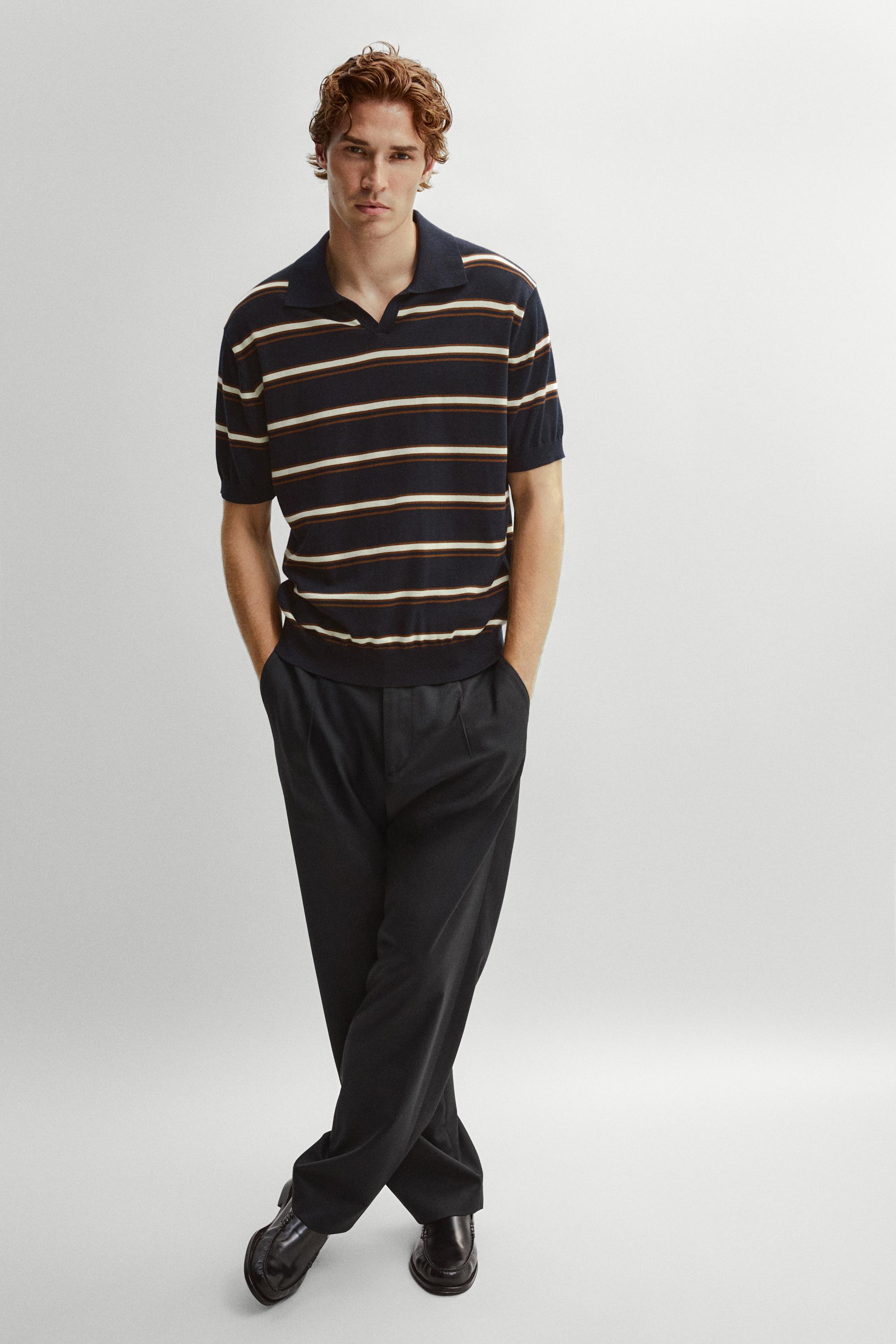 Striped V-neck knit polo shirt — NAVY BLUE