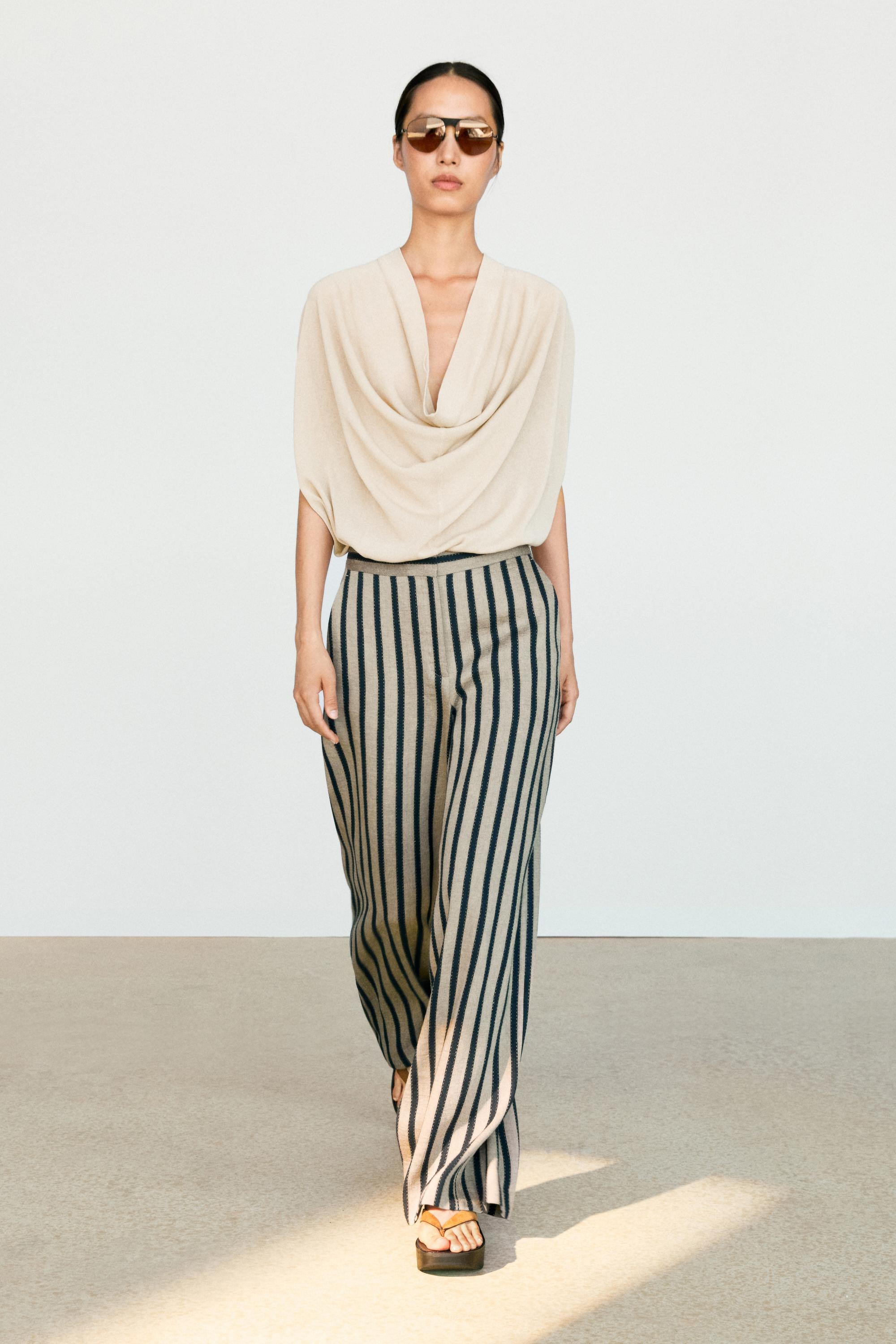 Striped linen blend wide-leg trousers — SAND