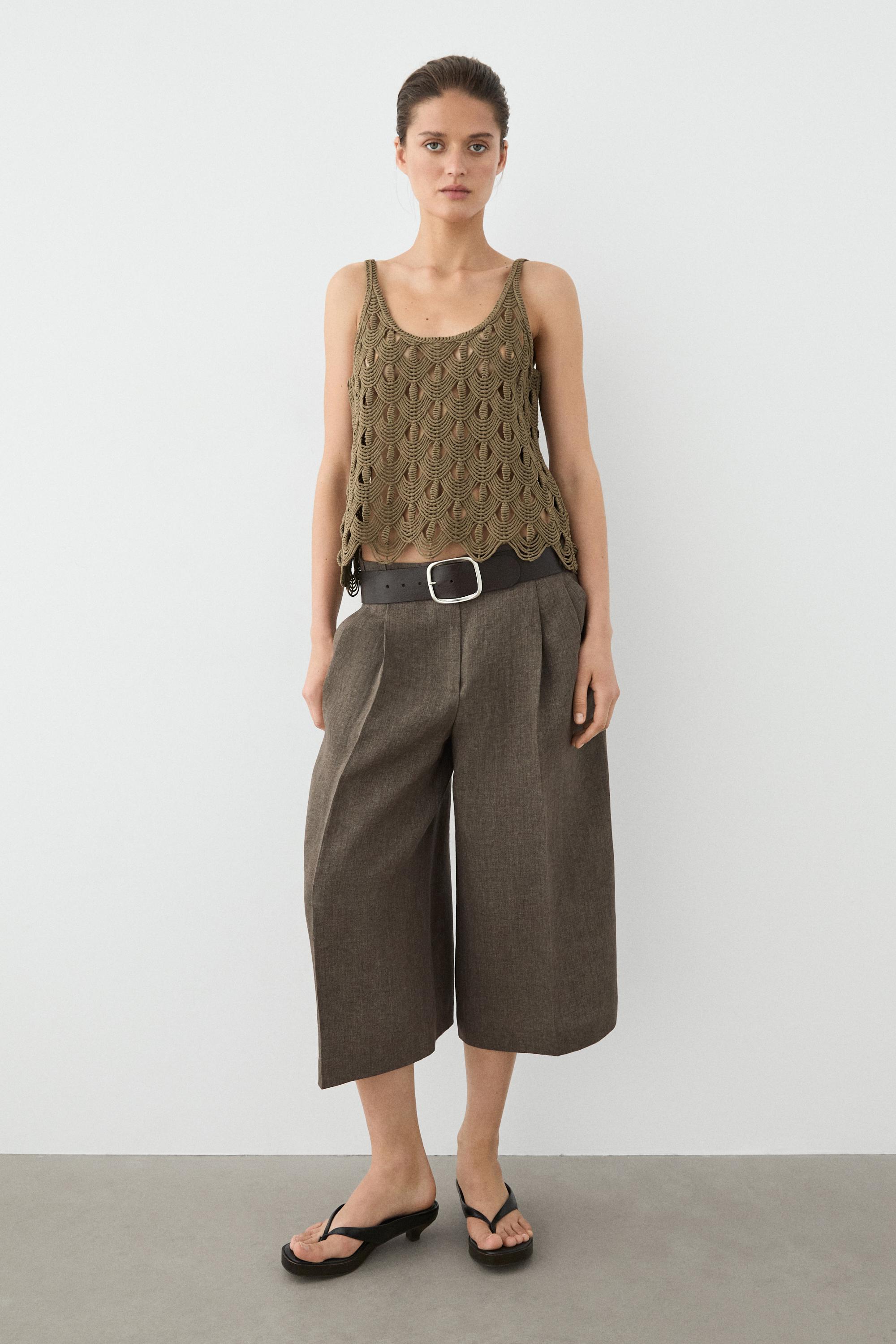 Strappy top with crochet detail — KHAKI