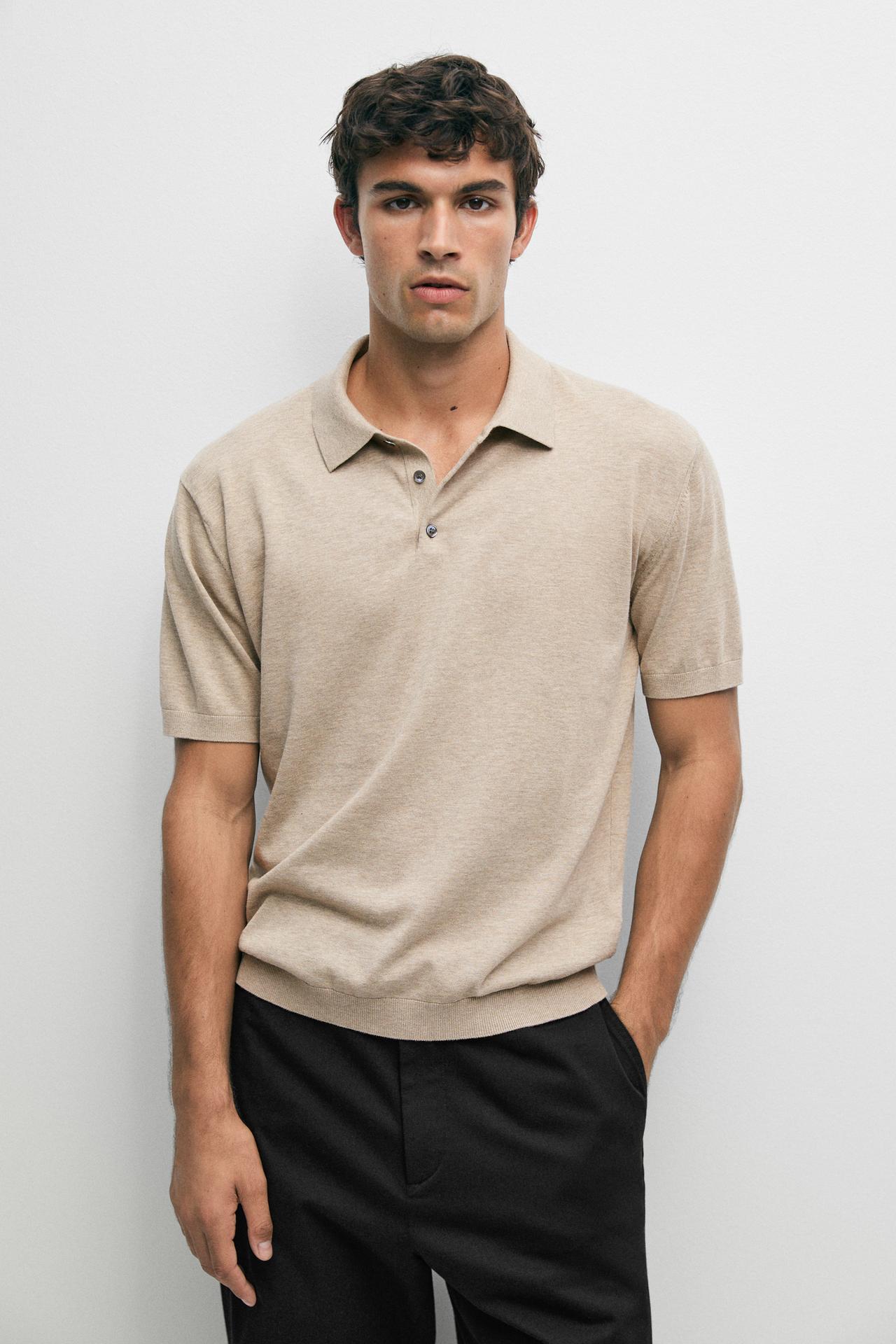 100% cotton knit polo sweater — BEIGE