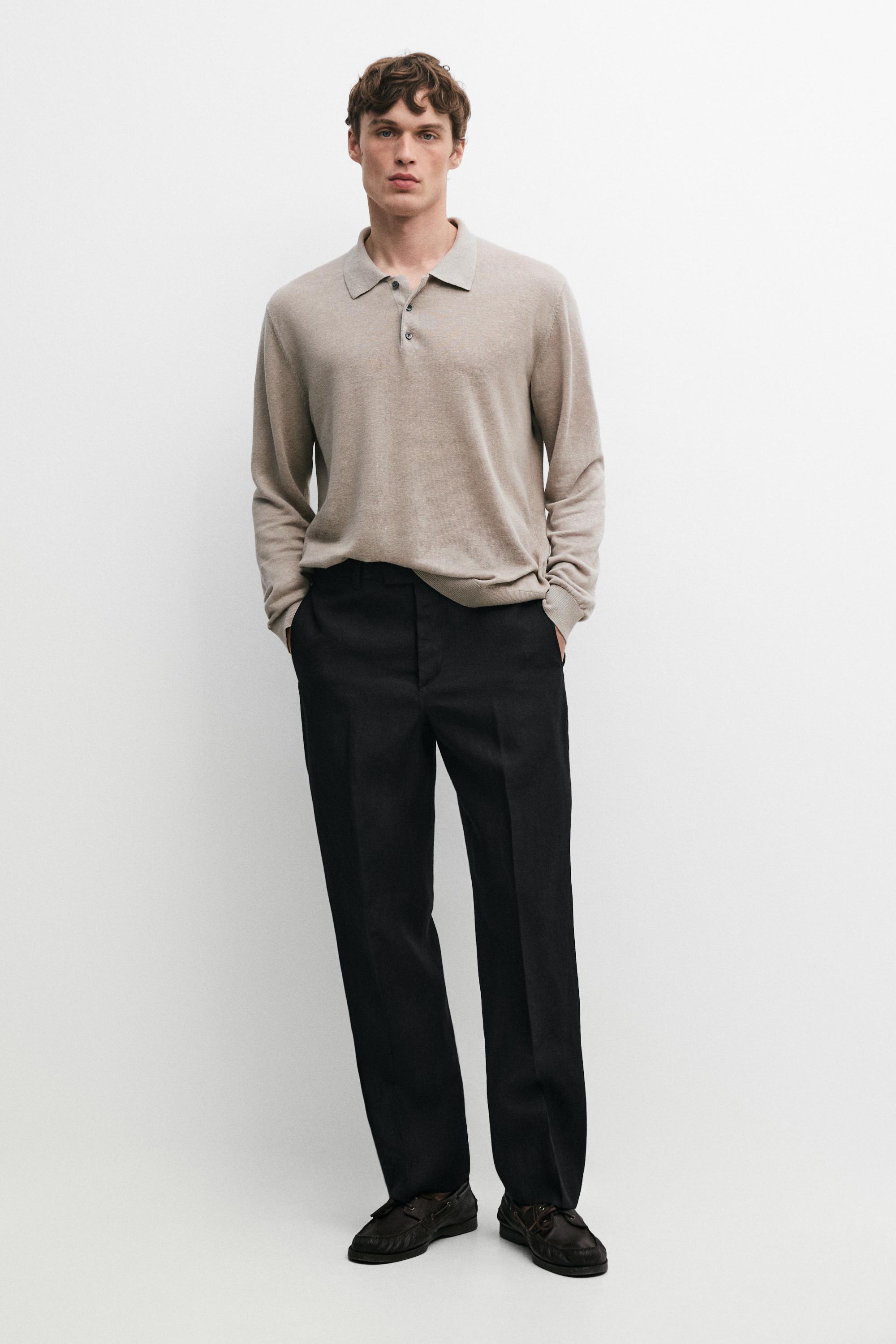 100% linen knit polo collar sweater — STONE