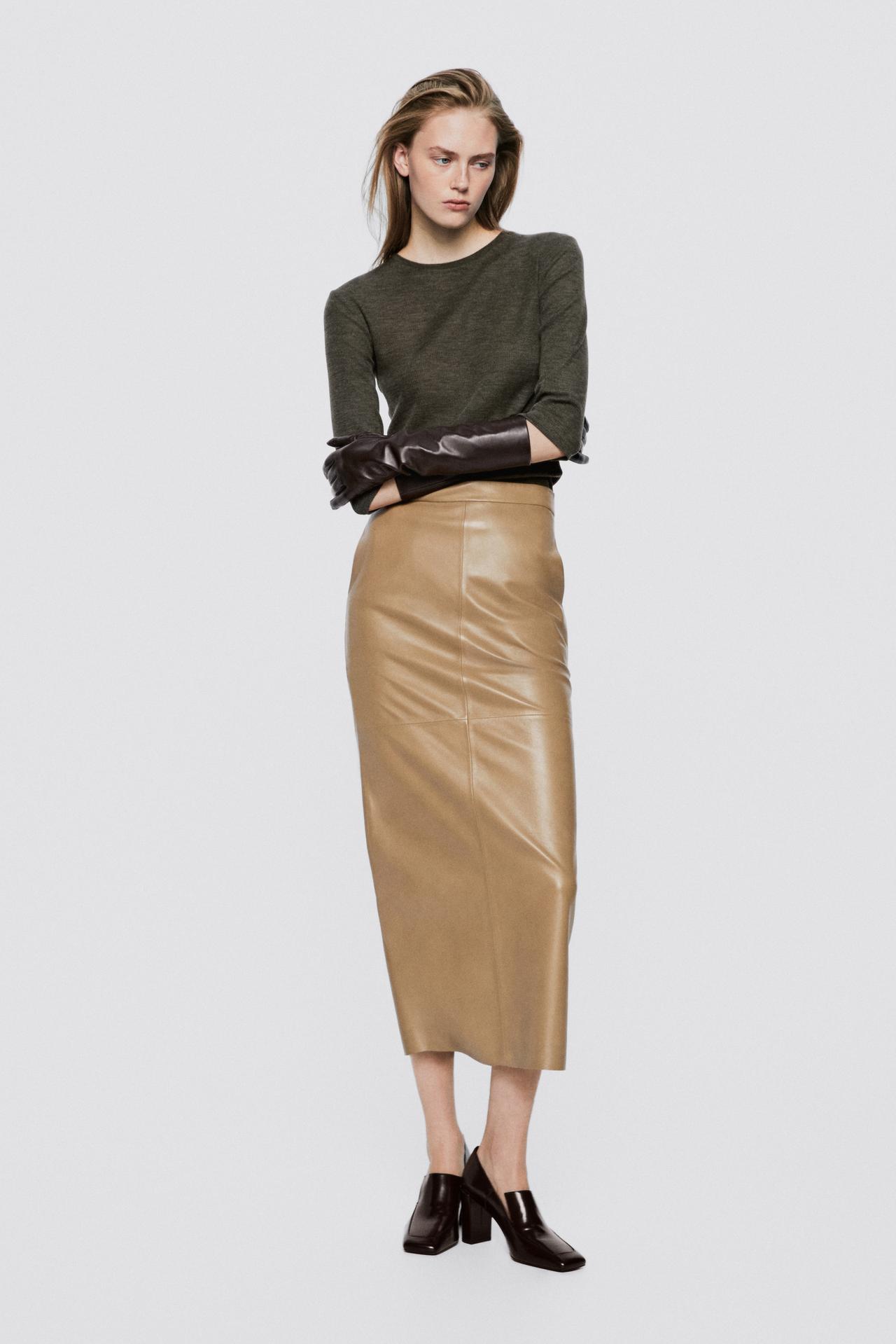 Nappa leather midi skirt with seams - LIMITED EDITION — CAMEL