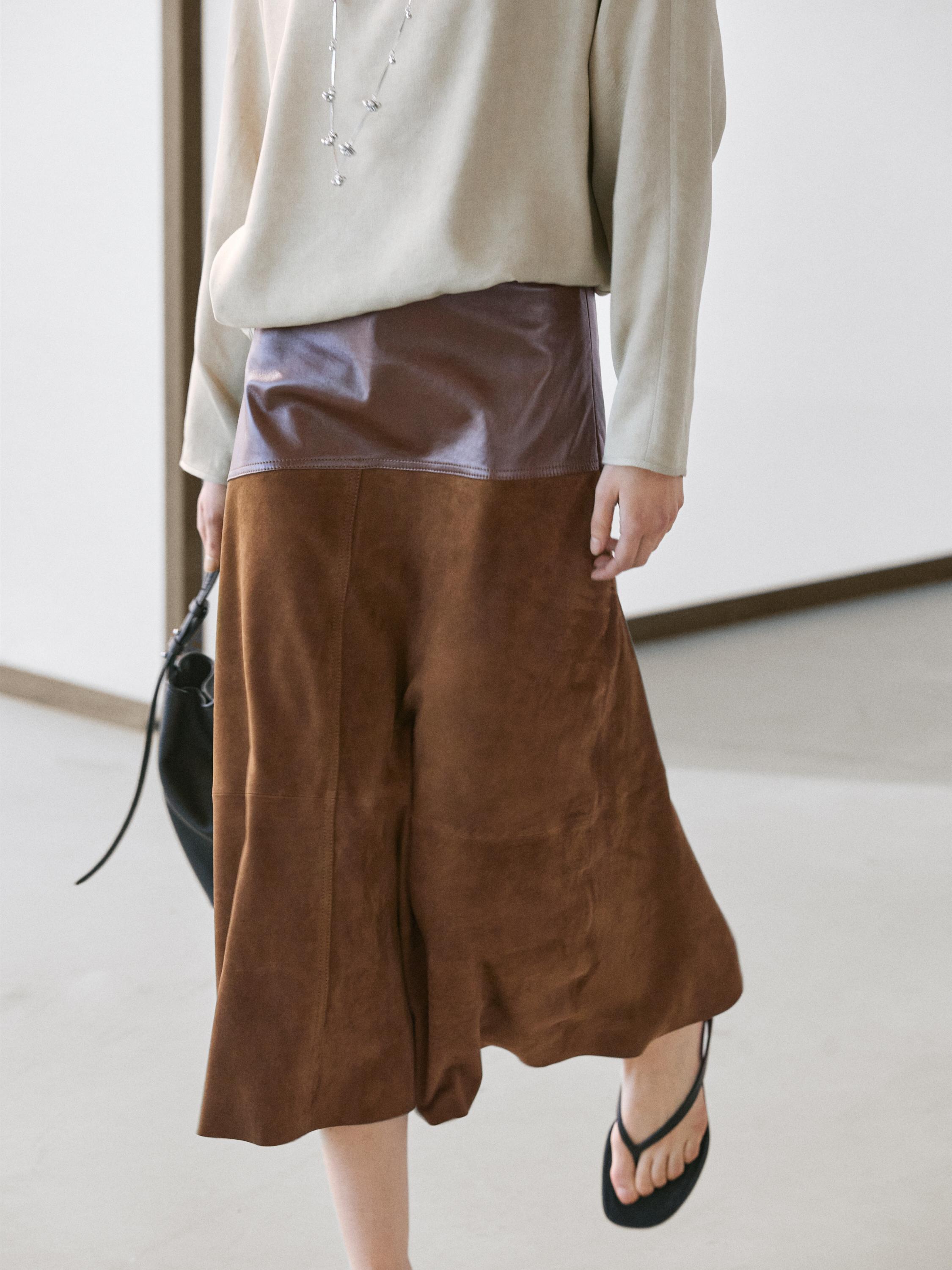 Suede nappa leather skirt with asymmetric yoke — BROWN