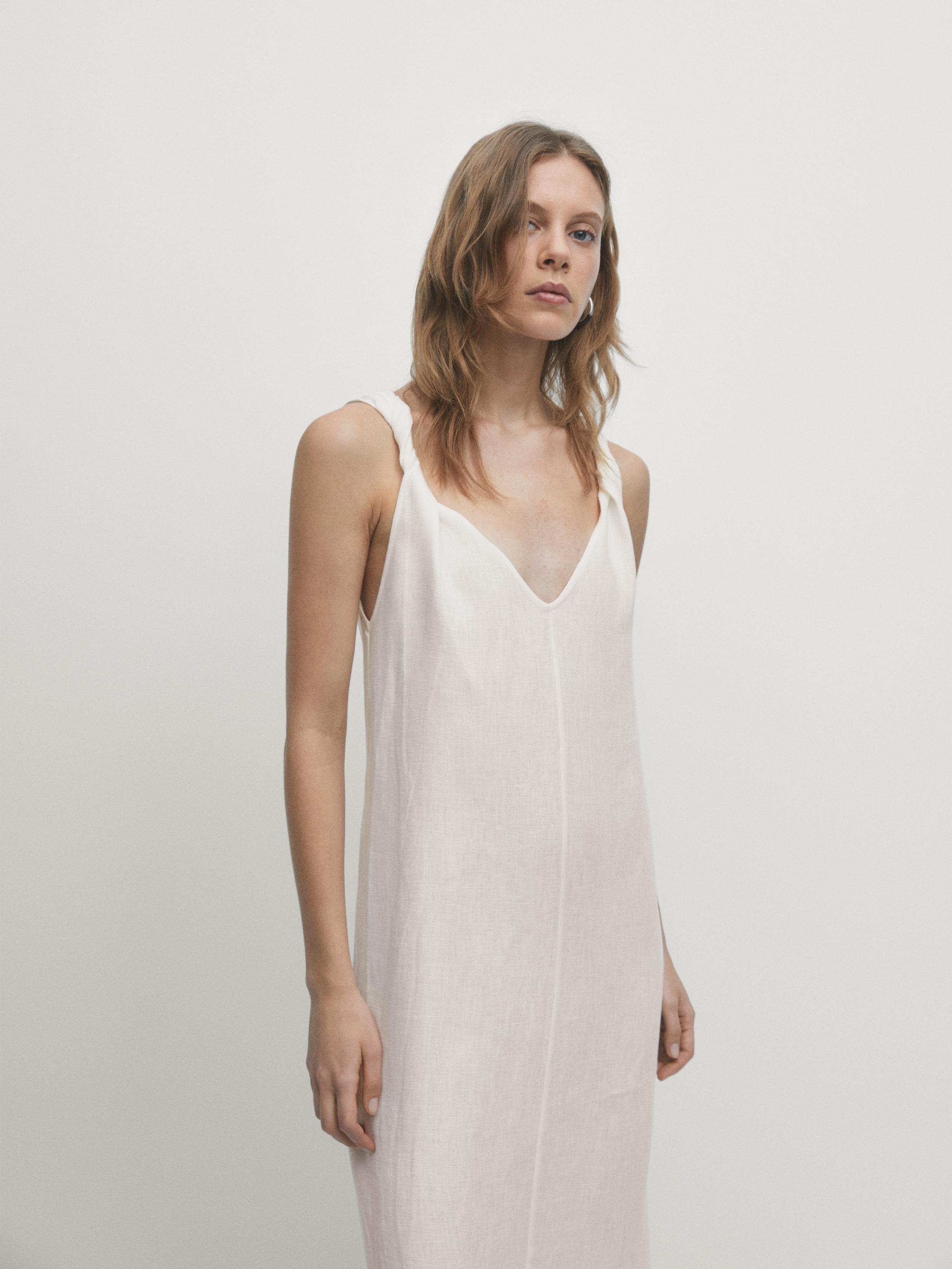 Linen midi dress with strap details