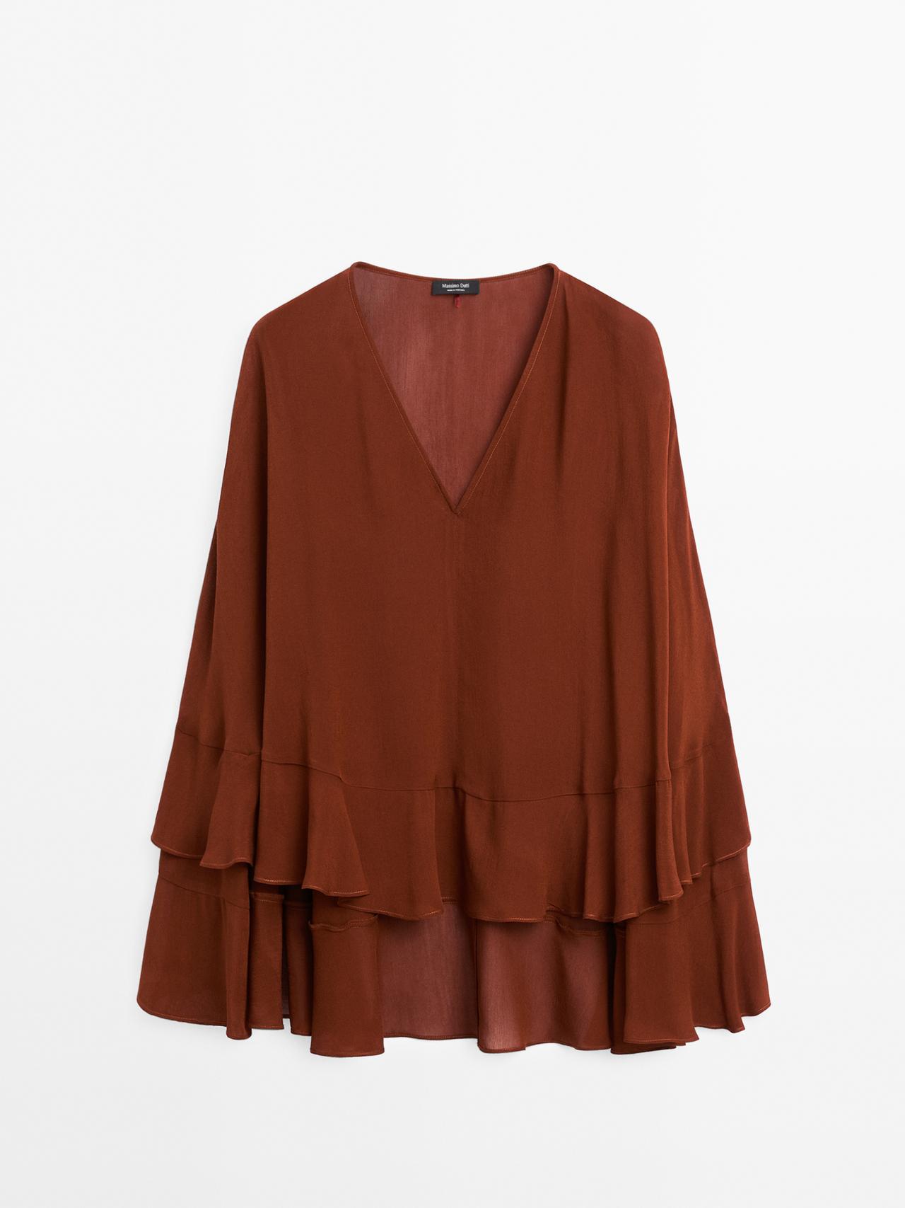 Massimo Dutti - Dames - Blouse Met Cape-Stijl En Volants - Dakpan - Xs-S