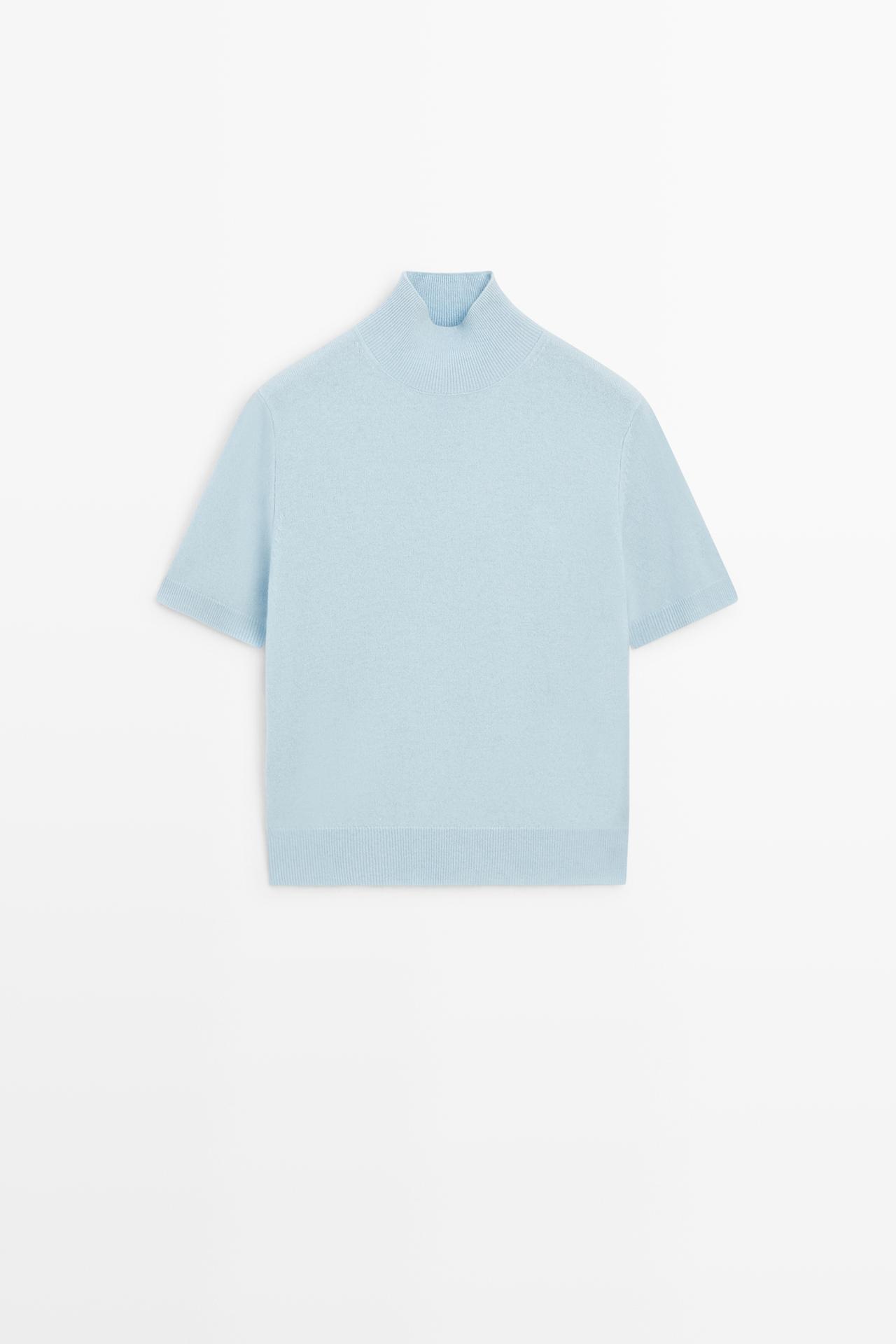 Wool-cashmere blend short sleeve knit sweater — SKY BLUE