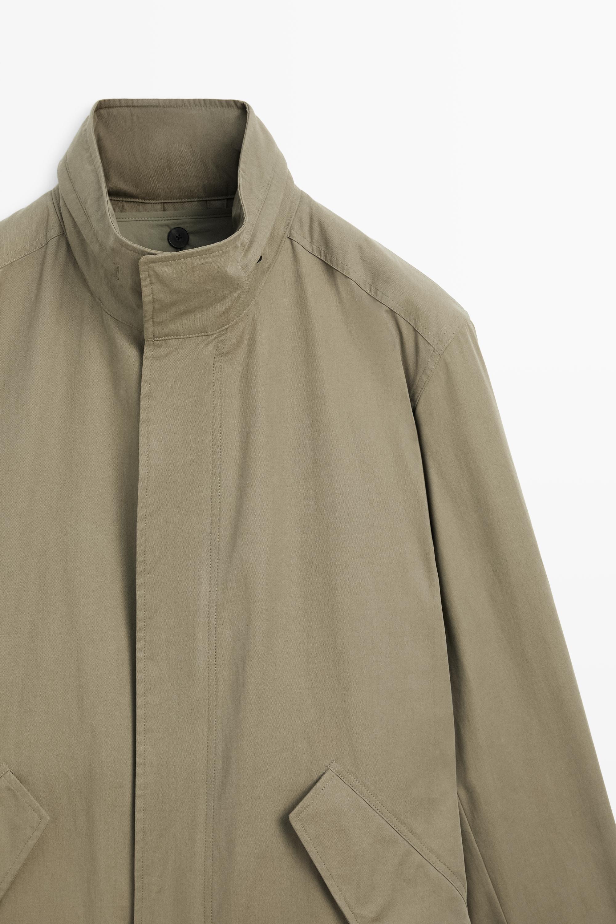 Long high neck 100% cotton parka — PALE KHAKI
