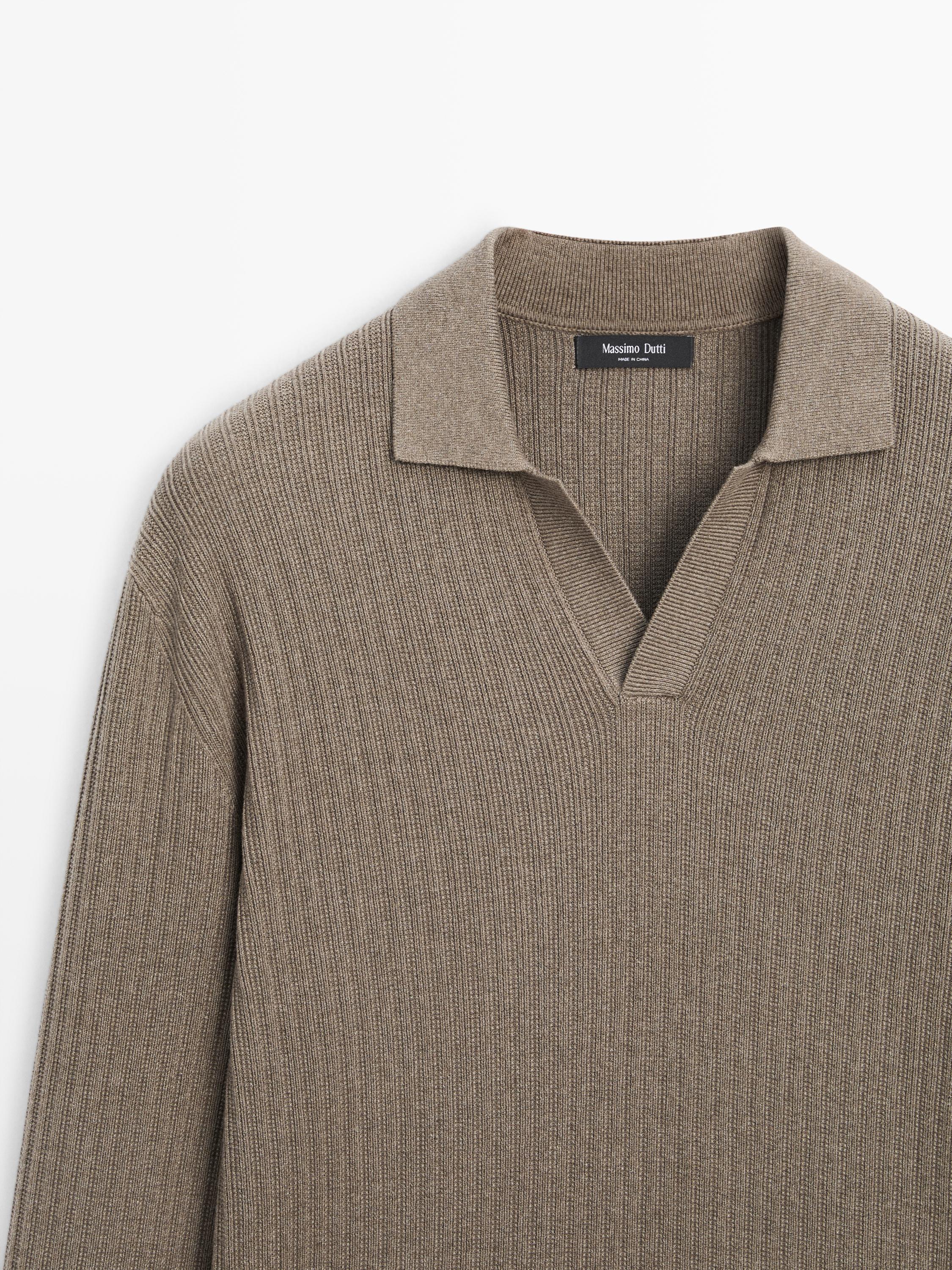 Cotton blend knit polo sweater — KHAKI