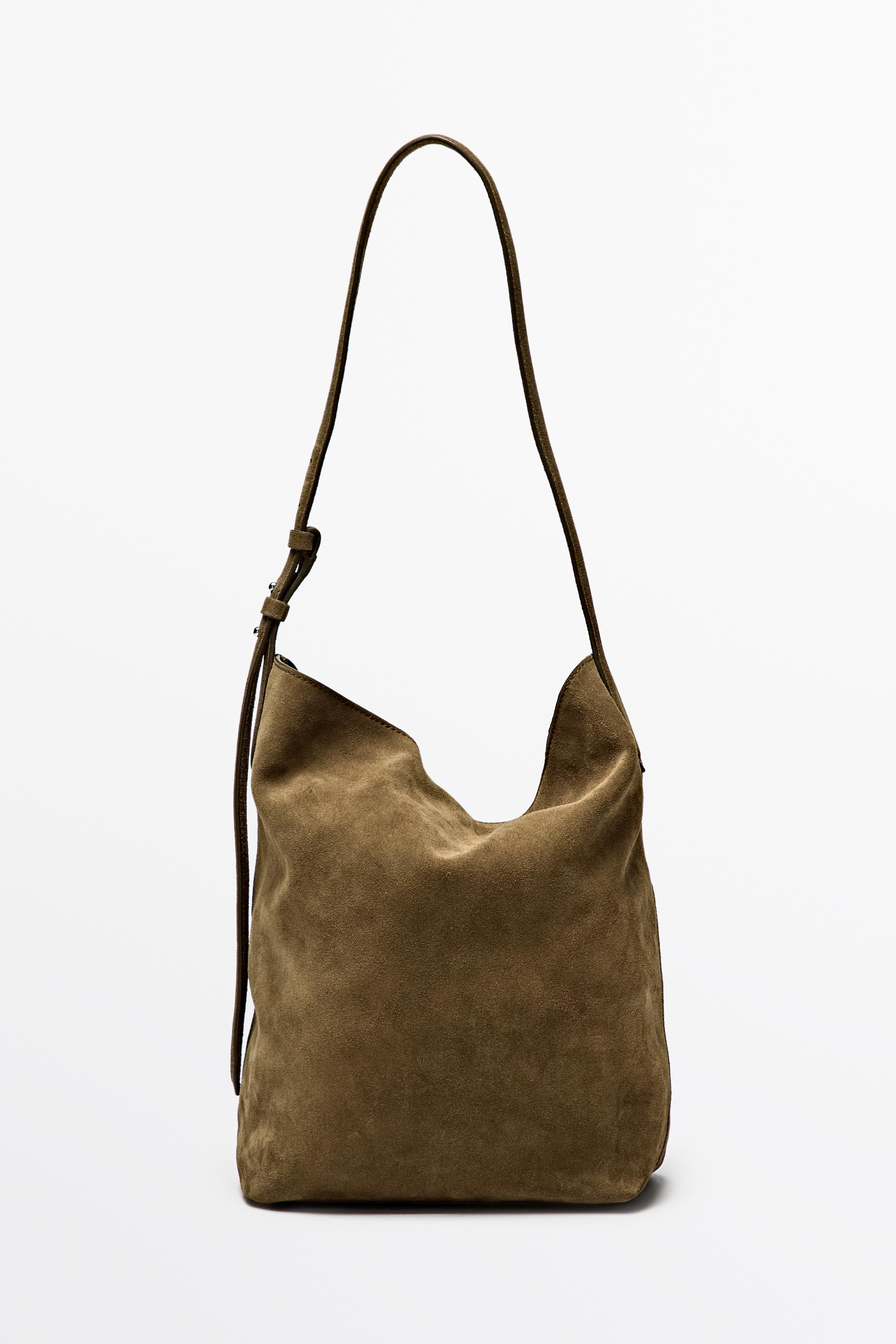 Distressed split suede leather bucket bag — KHAKI GREEN