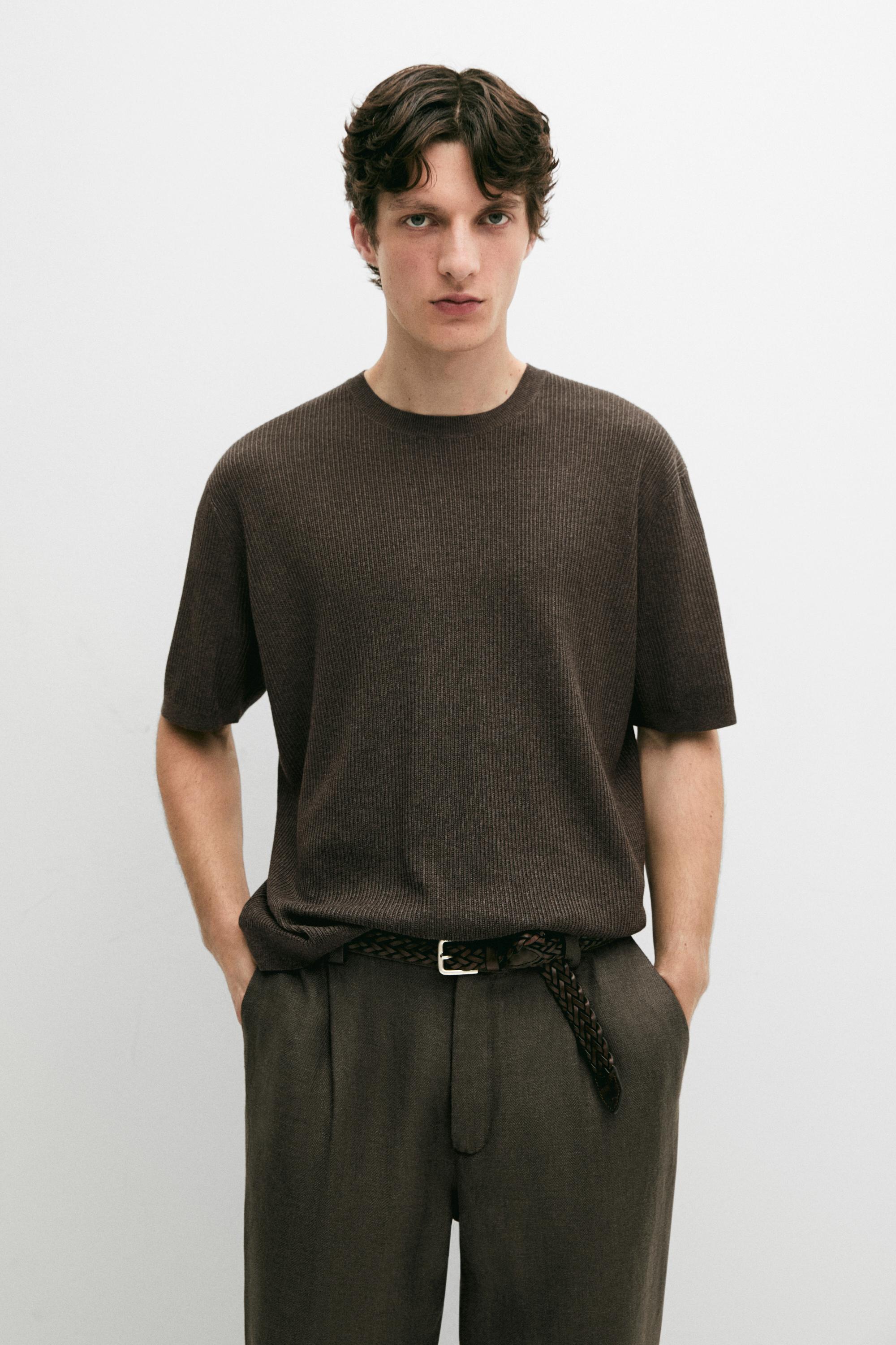Short sleeve knit cotton blend sweater — CHARCOAL
